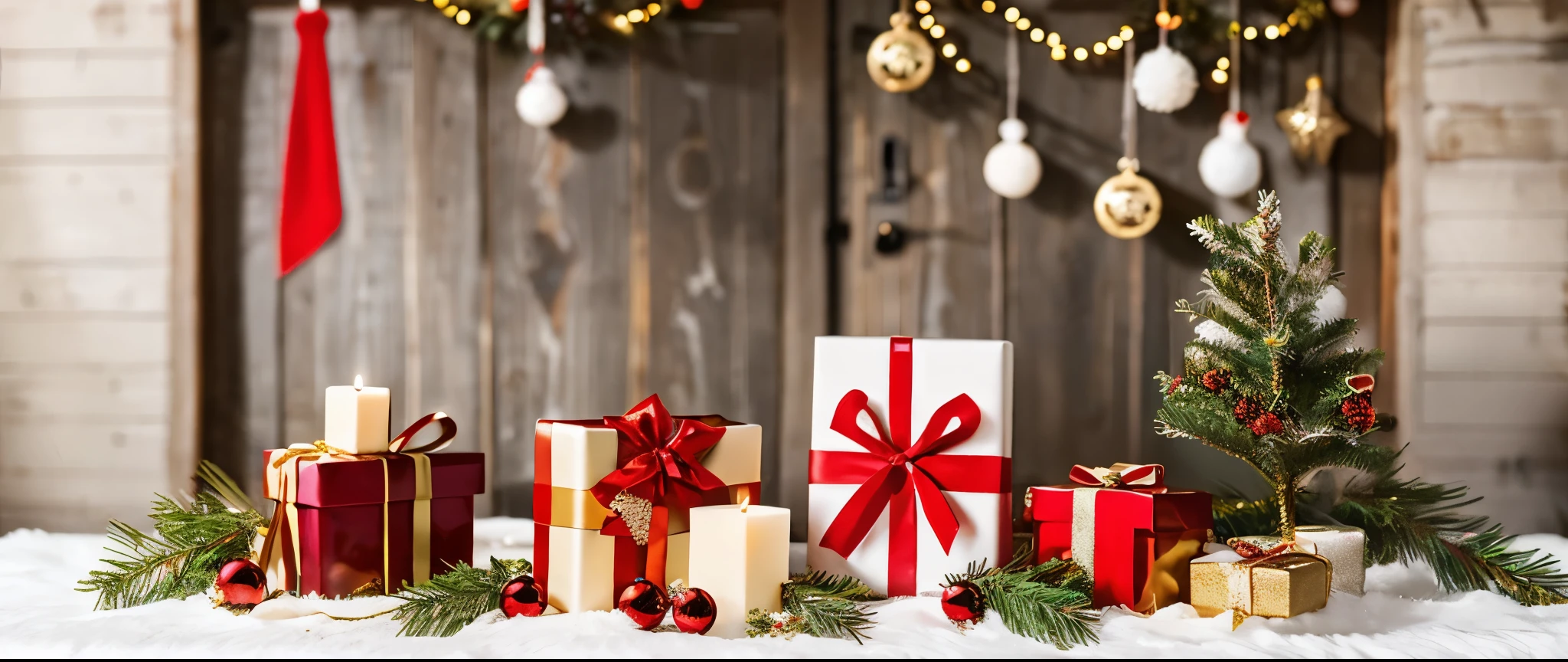 Merry Christma, greeting with presents and fir branches. Christmas atmosphere,Christmas banner poster