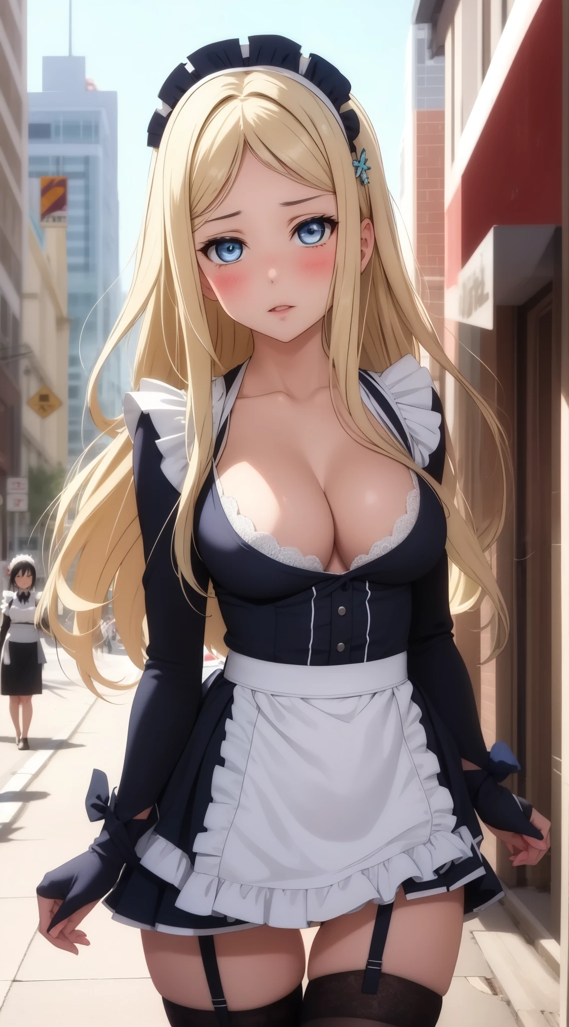 masterpiece, best quality, highly detailed, ultra high res, ayase arisa, 1girl, solo, blue eyes, hair ornament, blonde hair, long hair, blush, glossy lips, maid, cleavage, standing, city street, thigh highs, small breasts