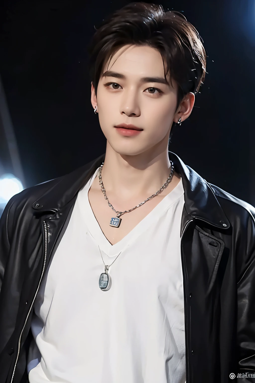 ((Best Quality, 8K, masterpiece: 1.3))、Cool Korean man, １20 year old man、Korean style long hair、Sturdy face、Handsome nose、Detailed eyes and face、Beautiful lighting、(studio)、High Resolution、 （visible to the audience）、mouth details、Thin Mouth、,Sorrisos、whole body: 1.5, perfect body figure: 1.picture of both shoulders:1.3, Wearing a White T-shirt and a casual Black coat:1.5, Accessories : (men's earrings, necklaces, men's rings, men's watches)