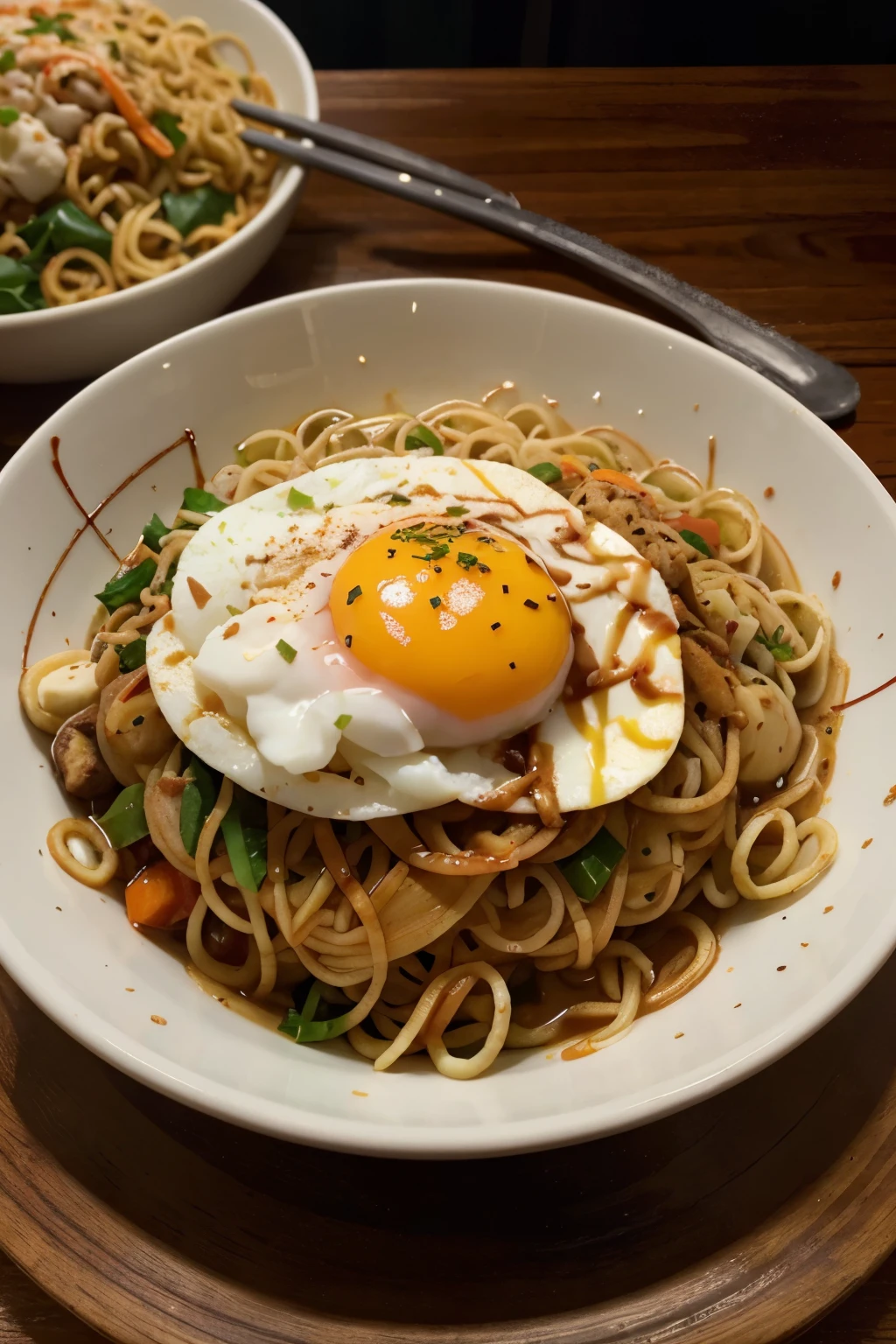 Photo of a food, Mie Goreng, Indomie, on a bowl, spicy, dark, aesthetic, sharp quality, high detail, potret, there is a plate of food with noodles and eggs on it, ramen, noodles, yummy, aokamei, very tasty, yum, mmmmm, sasai ukon masanao, extremely intricate, miko, ready to eat, ❤🔥🍄🌪, highly intricate, toriyama akia