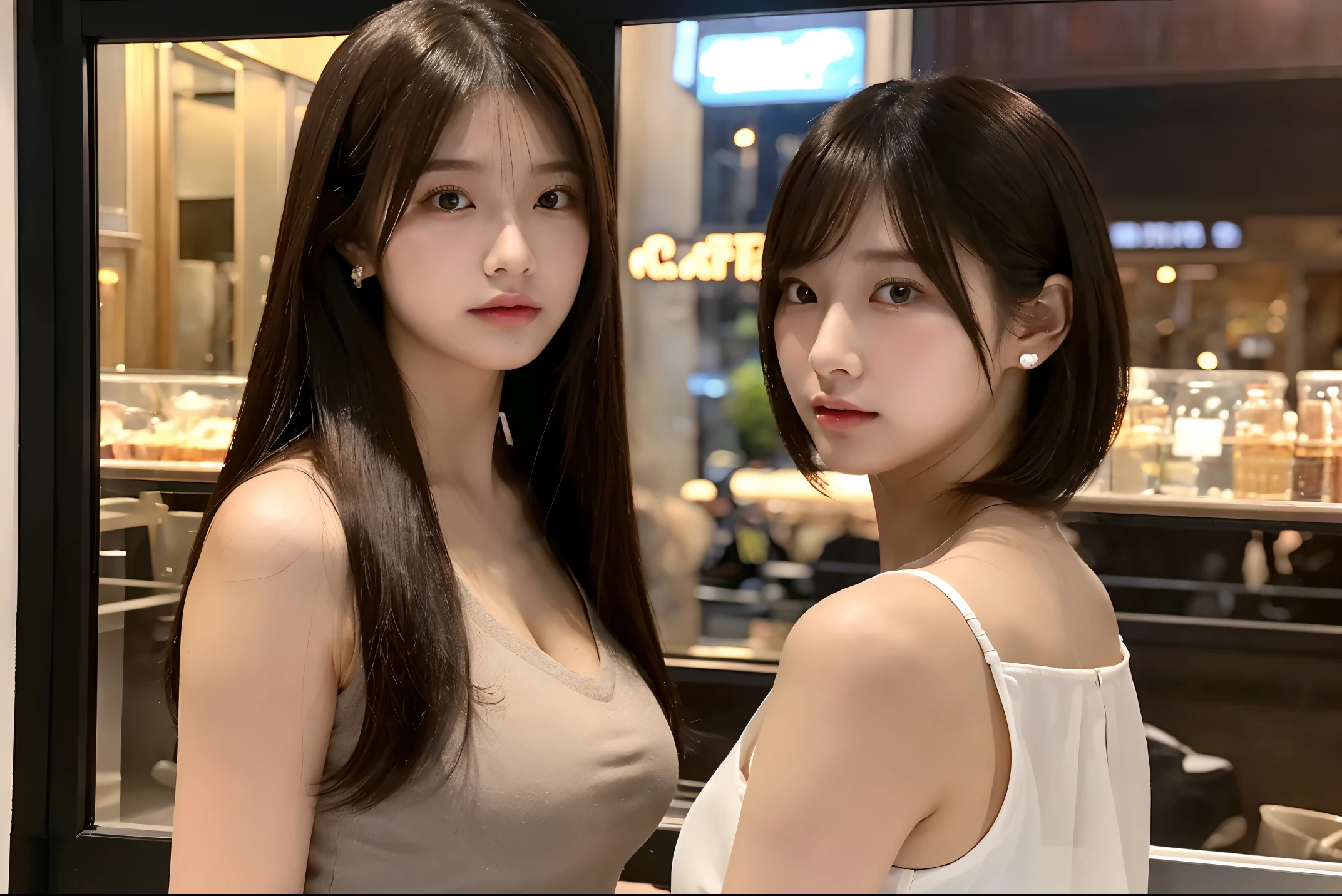 (The ultra -The high-definition:1.5)(ultra-detailliert:1.3) (ultra-quality) (An ultra-high picture quality:1.5) (rialistic photo:1.3) A Japanese Lady 21years old ((detailed and beautiful faces:1.3)) ((realistic skin textures:1.3)) ((Detailed and high quality eyes:1.3)) ((Detailed and high quality ears)) ((Beautiful, very fair and transparent skin:1.3)) ((Beautifully groomed straight short bob hair))Complete body beautiful proportion (Thin sleeveless shirt in fabric) long gathered skirt The background is the inside of a cafe at dusk. Beautiful, luxurious and stylish store ((Looking at the viewer erotically:1.3)) Wet lips ajar huge tit Very beautiful high-definition image quality