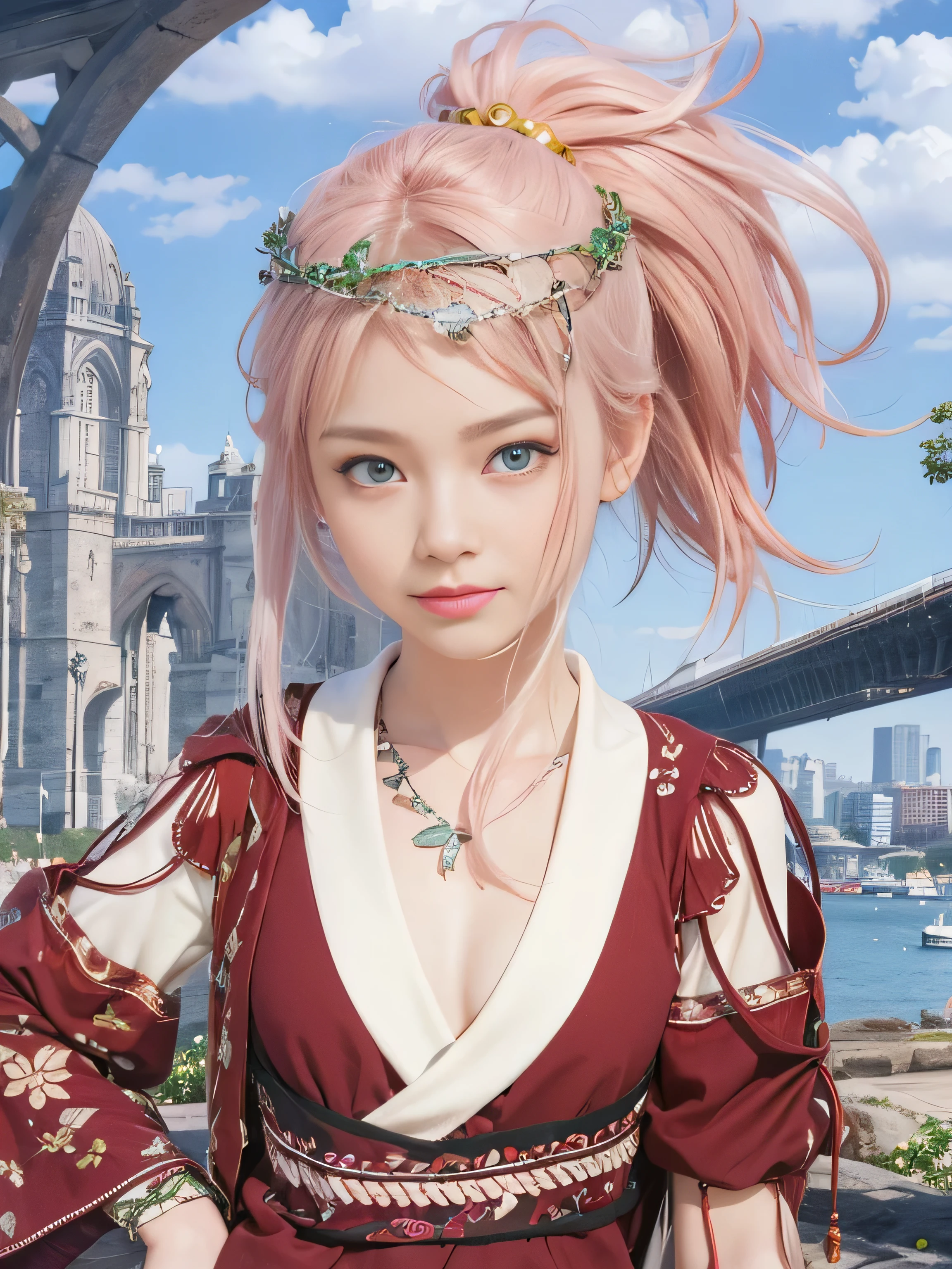 masterpiece, best quality, (realistic, photo-realistic:1.4), (RAW photo:1.2), extremely detailed CG unity 8k wallpaper, delicate and beautiful, amazing,finely detail, official art, absurdres, incredibly absurdres, huge filesize, ultra-detailed,extremely detailed eyes and face, light on face,little smile,potrait,pink hair,short hair,ponytail,city,green eyes,garden,wearing silver crown