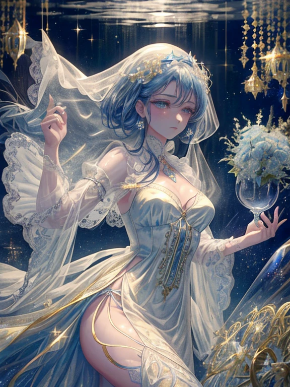 One girl, Solo, (((trapped in big krystal)))(trapped in krystal:1.7),((add eye details)), ((add face details)), krystal, Star, shine, beautiful night sky on background, Moon, Stars on background,Diamonds、たくさんのkrystalが付いたドレス, fantasy dress, A magical dress with a transparent chest, krystal製シースルー, lady with glowing flowers dress, intricate fantasy sheer dress, Transparent dress with wide open chest、See-through rainbow color, translucent intricate gown, Translucent intricate costume design, translucent dress, a stunning young ethereal figure, jeweled opal statue, fantasy transparent costume, Made of dried flowers、Glasswork、glass slipper with gold and white flowers, 気まぐれIntricate details, intricate and Elegant, beautiful detailed Elegant, Fairytale style, ultra Intricate details, Elegant. Highly detailed, complex and beautiful, golden Intricate details, Cinderella, side view Intricate details, Complex gold elements, Intricate details, Complex and detailed, super complex details、There is a sofa and table in a room with blue curtains, anime aesthetic, Anime Background, dreamy and detailed, anime beautiful peace scene, Anime Background art, beautiful anime scene, very magical and dreamy, blue and white tones, Relaxing environment, Ethereal dreamy theme, dreamy aesthetic, Anime that won the Aesthetic Award, relaxing concept art, blue themed, quiet and serene atmosphere、A charming, Sheer,The nipple is visible、large boob、sexy-S 100, seductive lingerie camisole、a close up of a woman's underwear with a Bra and panties, bright blue shiny lingerie, lingerie, lingeries beauty, Sheer underwear, laced lingerie, lingerie!!, Bra, wearing sexy lingerie, Bralette, captivating and enticing, harnesses and garters, lingeries, so sexy、Full-body image、The whole body is visible