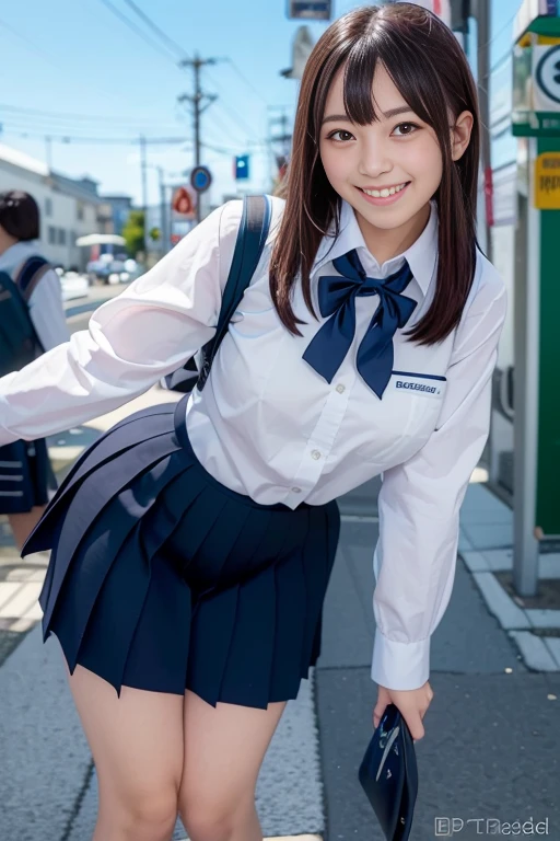 (8k, best quality, masterpiece: 1.2), (realistic, photorealistic: 1.37), super detailed, one girl, solo, cute, beautiful detailed sky, (smile: 1.2), (grin), beautiful detailed eyes, floating hair, (uniform: 1), stockings, full body, street, thin