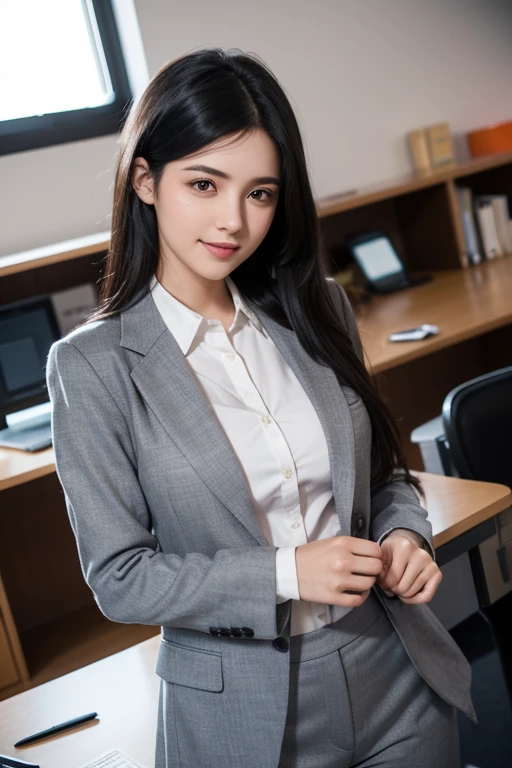 Girl with black hair,ssmile,Medium hair,Very beautiful face,Wear a professional suit,sportrait,um dia ensolarado,volumettic light,Snapshots of the workplace