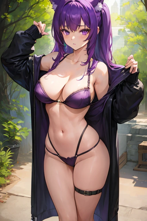 1girl, hot, purple hair, catgirl, sexy revealing outfit,NSFW, high res, ultrasharp, 8K, masterpiece, looking at viewer