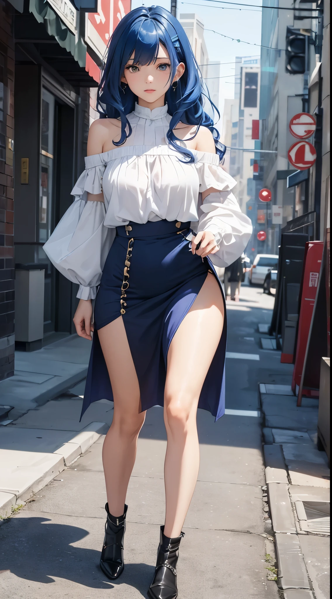 (the street:1 girl with blue hair,Get up,One word step+), tmasterpiece, Best quality at best, RAW photogr, realistically, the face, Incredibly ridiculous Resourcetra long brown curly hair around the ears),eye shadows,techwear outfits,(Red off-shoulder knee-length dress),White off-shoulder long dress,(White tight flats,depth of fields, A high resolution, ultra - detailed, filigrees, RAWE is very detailed, 眼睛和the face部的细节非常丰富, Sharp pupils, realistic student, lock focus, 电影灯光,Full body lesbian,bigger,The legs look very long from the front,dynamicposes,Normal posture,the face部特写