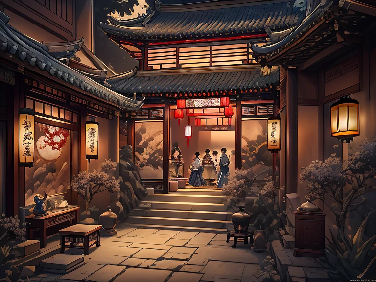 (Antique interior design), Manhwa Style,Chinese street scene, nighttime scene,Asian architecture,Crowded crowds,Ancient Chinese Ming Dynasty style, elegant ambiance,The painting style is delicate and soft, movie light effect, high-definition picture quality, , dingdall effect, rich details, Refer to Gu Kaizhi, 32K, high qulity, A high resolution, (Very detailed CG unified 8k wallpaper)