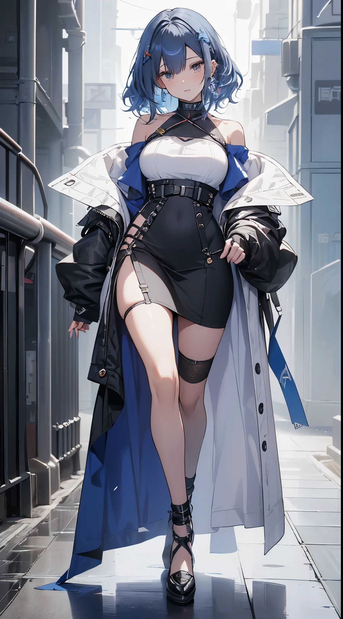 (the street:1 girl with blue hair,Get up,One word step+), tmasterpiece, Best quality at best, RAW photogr, realistically, the face, Incredibly ridiculous Resourcetra long brown curly hair around the ears),eye shadows,techwear outfits,(Red off-shoulder knee-length dress),White off-shoulder long dress,(White tight flats,depth of fields, A high resolution, ultra - detailed, filigrees, RAWE is very detailed, 眼睛和the face部的细节非常丰富, Sharp pupils, realistic student, lock focus, 电影灯光,Full body lesbian,bigger,The legs look very long from the front,dynamicposes,Normal posture,the face部特写