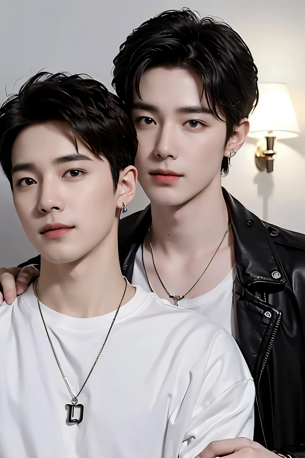 ((Best Quality, 8K, masterpiece: 1.3))、Cool Korean man, １20 year old man、Korean style long hair、Sturdy face、Handsome nose、Detailed eyes and face、Beautiful lighting、(studio)、High Resolution、 （visible to the audience）、mouth details、Thin Mouth、,Sorrisos、whole body: 1.5, perfect body figure: 1.picture of both shoulders:1.3, Wearing a White T-shirt and a casual Black coat:1.5, Accessories : (men's earrings, necklaces, men's rings, men's watches)
