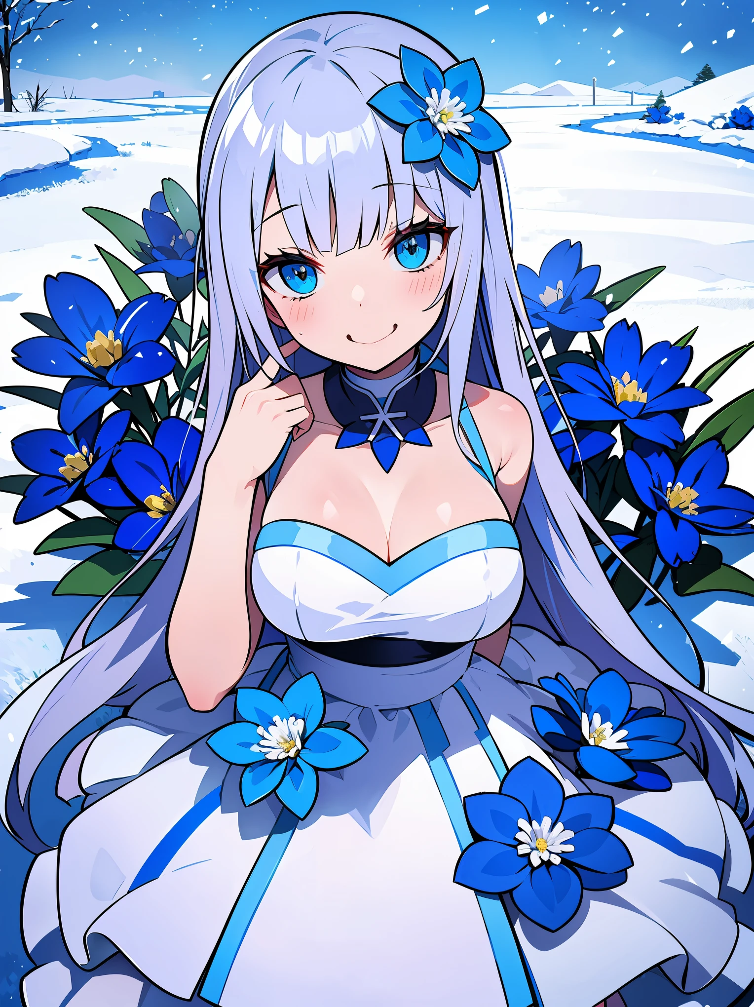 (RAW Photos, Best Quality), (animesque:1.2), snow flowers blooming in winter, (((snowscape:1,9, blue flower))), (((Flower buds))), Highly detailed, Photography, masutepiece, High quality, High quality, hight resolution, Professional Lighting,