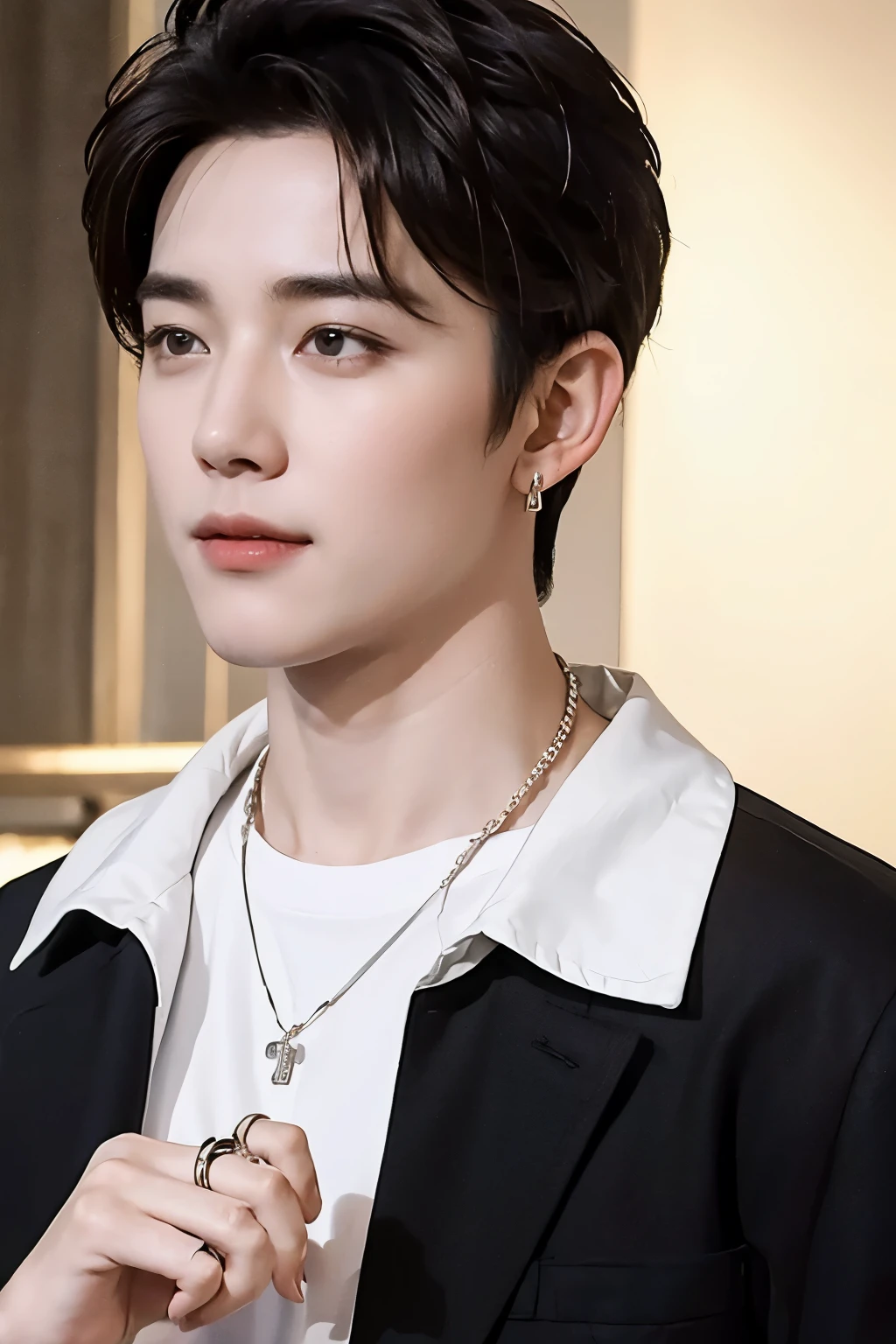 ((Best Quality, 8K, masterpiece: 1.3))、Cool Korean man, 120 year old man、Korean style long hair、Sturdy face、Handsome nose、Detailed eyes and face、Beautiful lighting、(studio)、High Resolution、 (visible to the audience)、mouth details、Thin Mouth、,Sorrisos、whole body: 1.5, perfect body figure: 1.picture of both shoulders:1.3, Wearing a White T-shirt and a casual Black coat:1.5, Accessories : (men's earrings, necklaces, men's rings, men's watches)