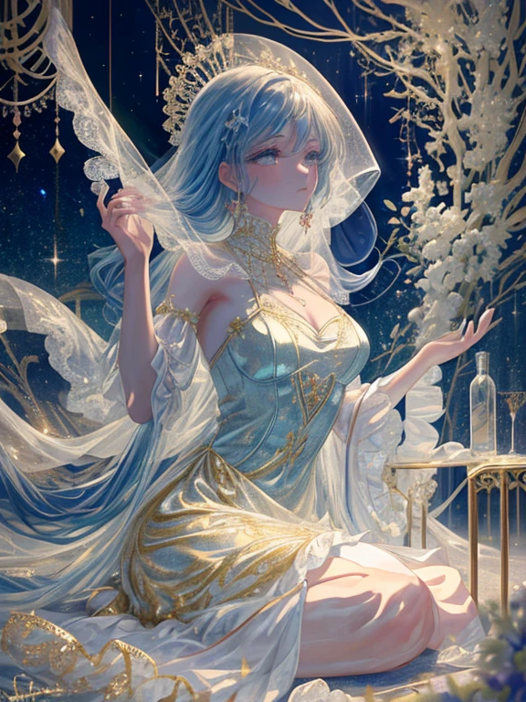 One girl, Solo, (((trapped in big krystal)))(trapped in krystal:1.7),((add eye details)), ((add face details)), krystal, Star, shine, beautiful night sky on background, Moon, Stars on background,Diamonds、たくさんのkrystalが付いたドレス, fantasy dress, A magical dress with a transparent chest, krystal製シースルー, lady with glowing flowers dress, intricate fantasy sheer dress, See-through rainbow color, translucent intricate gown, Translucent intricate costume design, translucent dress, a stunning young ethereal figure, jeweled opal statue, fantasy transparent costume, Made of dried flowers、Glasswork、glass slipper with gold and white flowers, 気まぐれIntricate details, intricate and Elegant, beautiful detailed Elegant, Fairytale style, ultra Intricate details, Elegant. Highly detailed, complex and beautiful, golden Intricate details, Cinderella, side view Intricate details, Complex gold elements, Intricate details, Complex and detailed, super complex details、There is a sofa and table in a room with blue curtains, anime aesthetic, Anime Background, dreamy and detailed, anime beautiful peace scene, Anime Background art, beautiful anime scene, very magical and dreamy, blue and white tones, Relaxing environment, Ethereal dreamy theme, dreamy aesthetic, Anime that won the Aesthetic Award, relaxing concept art, blue themed, quiet and serene atmosphere、A charming, Sheer,The nipple is visible、large boob、sexy-S 100, seductive lingerie camisole、a close up of a woman's underwear with a Bra and panties, bright blue shiny lingerie, lingerie, lingeries beauty, Sheer underwear, laced lingerie, lingerie!!, Bra, wearing sexy lingerie, Bralette, captivating and enticing, harnesses and garters, lingeries, so sexy、Full-body image、The whole body is visible、frombelow