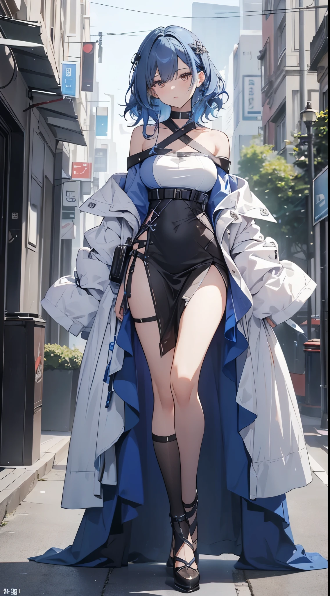 (the street:1 girl with blue hair,Get up,One word step+), tmasterpiece, Best quality at best, RAW photogr, realistically, the face, Incredibly ridiculous Resourcetra long brown curly hair around the ears),eye shadows,techwear outfits,(Red off-shoulder knee-length dress),White off-shoulder long dress,(White tight flats,depth of fields, A high resolution, ultra - detailed, filigrees, RAWE is very detailed, 眼睛和the face部的细节非常丰富, Sharp pupils, realistic student, lock focus, 电影灯光,Full body lesbian,bigger,The legs look very long from the front,dynamicposes,Normal posture,the face部特写