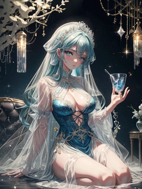 One girl, Solo, (((trapped in big krystal)))(trapped in krystal:1.7),((add eye details)), ((add face details)), krystal, Star, shine, beautiful night sky on background, Moon, Stars on background,Diamonds、たくさんのkrystalが付いたドレス, fantasy dress, A magical dress with a transparent chest, krystal製シースルー, lady with glowing flowers dress, intricate fantasy sheer dress, See-through rainbow color, translucent intricate gown, Translucent intricate costume design, translucent dress, a stunning young ethereal figure, jeweled opal statue, fantasy transparent costume, Made of dried flowers、Glasswork、glass slipper with gold and white flowers, 気まぐれIntricate details, intricate and Elegant, beautiful detailed Elegant, Fairytale style, ultra Intricate details, Elegant. Highly detailed, complex and beautiful, golden Intricate details, Cinderella, side view Intricate details, Complex gold elements, Intricate details, Complex and detailed, super complex details、There is a sofa and table in a room with blue curtains, anime aesthetic, Anime Background, dreamy and detailed, anime beautiful peace scene, Anime Background art, beautiful anime scene, very magical and dreamy, blue and white tones, Relaxing environment, Ethereal dreamy theme, dreamy aesthetic, Anime that won the Aesthetic Award, relaxing concept art, blue themed, quiet and serene atmosphere、A charming, Sheer,The nipple is visible、large boob、sexy-S 100, seductive lingerie camisole、a close up of a woman's underwear with a Bra and panties, bright blue shiny lingerie, lingerie, lingeries beauty, Sheer underwear, laced lingerie, lingerie!!, Bra, wearing sexy lingerie, Bralette, captivating and enticing, harnesses and garters, lingeries, so sexy、Full-body image、The whole body is visible、frombelow、underfoot