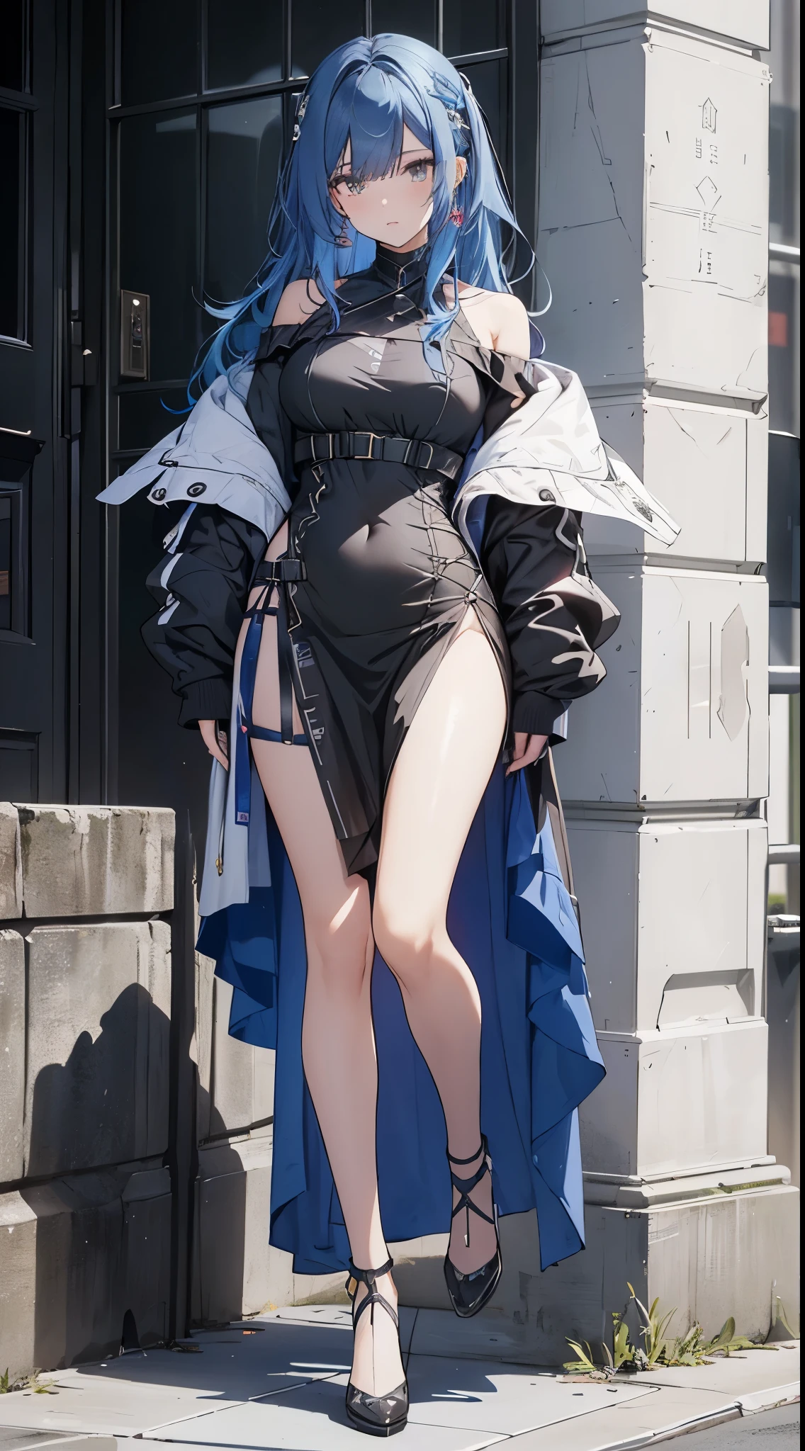 （the street：1 girl with blue hair，Get up，One word step+）， tmasterpiece， Best quality at best， RAW photogr， realistically， the face， Incredibly ridiculous Resourcetra long brown curly hair around the ears)，eye shadows，techwear outfits，(Red off-shoulder knee-length dress)，White off-shoulder long dress，(White tight flats，depth of fields， A high resolution， ultra - detailed， filigrees， RAWE is very detailed， 眼睛和the face部的细节非常丰富， Sharp pupils， realistic student， lock focus， 电影灯光，Full body lesbian，bigger，The legs look very long from the front，dynamicposes，Normal posture，the face部特写