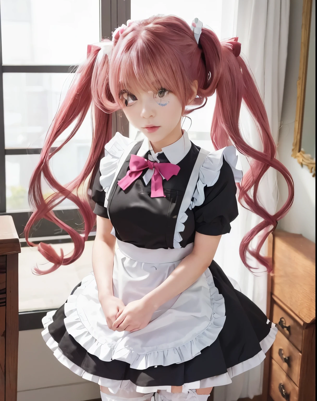 anime girl in a maid outfit standing in a room, anime girl in a maid costume, anime cat girl in a maid costume, maid outfit, gorgeous maid, maid dress, cute anime waifu in a nice dress, anime visual of a cute girl, pink twintail hair and cyan eyes, anime moe artstyle, wearing maid uniform, maid, a hyperrealistic schoolgirl,shirai kuroko,Long hair with double ponytail,粉红Long hair with double ponytail,A pink-haired,Maid costume