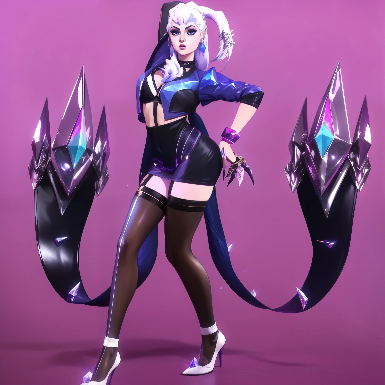 araffe with a very long tail and a very sexy outfit, futuristic woman fashion art 8 k, KDA, crystalline skin, full body dark sorceress pose, seraphine ahri KDA, spell casting pose, Katana Zero video game character, Cyber Universe style, silver armor sharpened fuchsia skin, Anime arcane style,