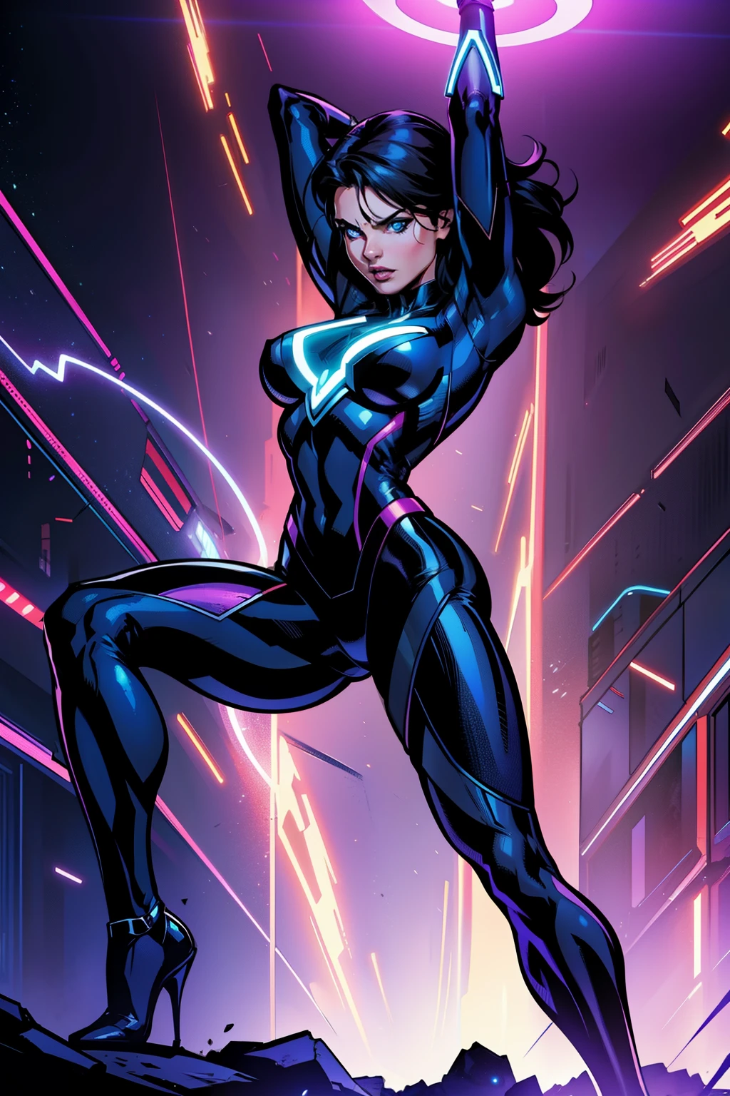 ((Realstic)) and ultra-detailed photography of a woman, looking at viewer, superhero outfit, spandex, marvel comics, sexy expression, sexy pose, full body, hands close to body, action scene, dynamic pose, dramatic perspective, neon colors, rim lighting, atmospheric lighting, woman is well lit, sexy, beautiful woman, glowing neon skin, cinematic lighting, dark simplistic abstract background, night time