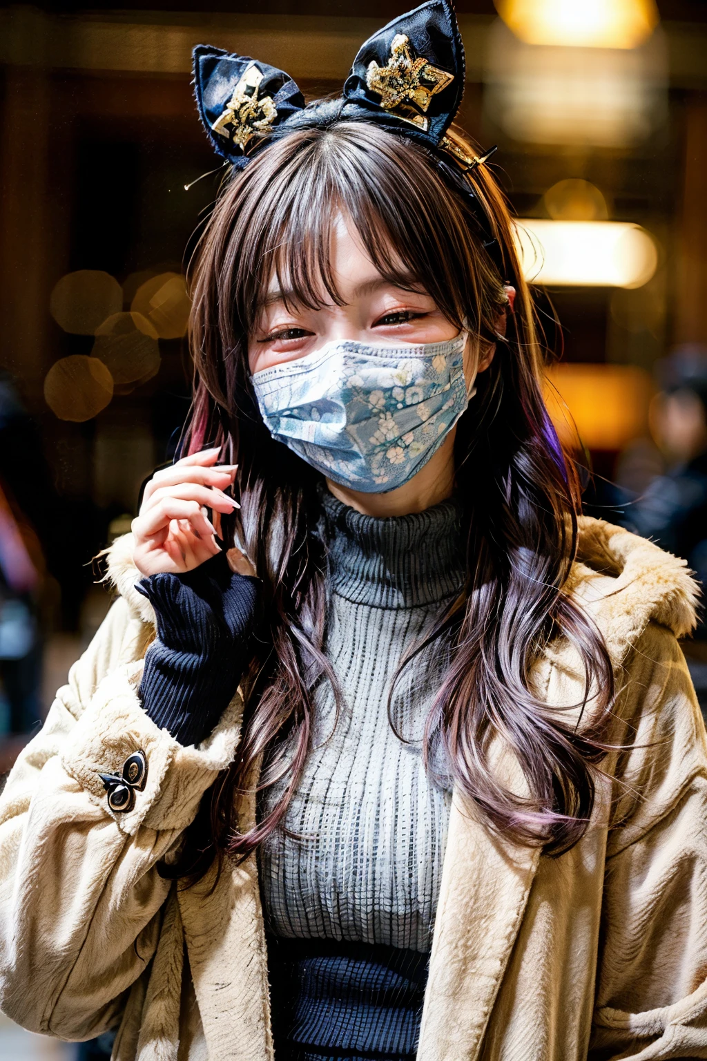 ((カスタムeye mask)), ((Patterned masks)), ((patterned eye mask)), string hair bow ribbon, Purple hair, ((Realistic)), ((photorealisim)), ((photoRealistic)), ((Cosplay)), ((Real life)), 1girl in, Solo, Closed eyes, Black hair, multicolored hair, blush, Fur trim, fur-trimmed coat, Smile, coat, Purple hair, Long hair, ((eye mask)), Bangs, Closed mouth, Bow, flying sweatdrops, white coat, bow ribbon, bandaged, Two-tone hair, Upper body, white Bow, Hair Ornament