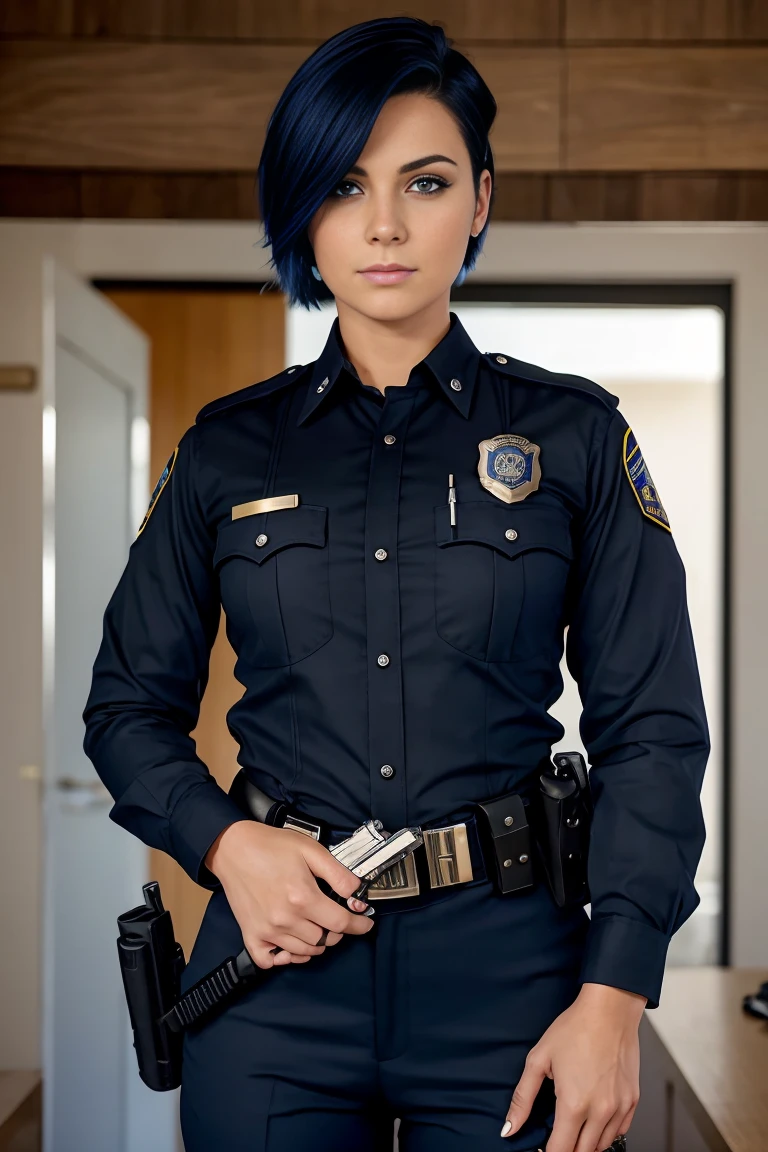 30 year old woman with short indigo hair dressed in a black police officer uniform wearing a pistol on her belt. Blue eyes with eye liner.