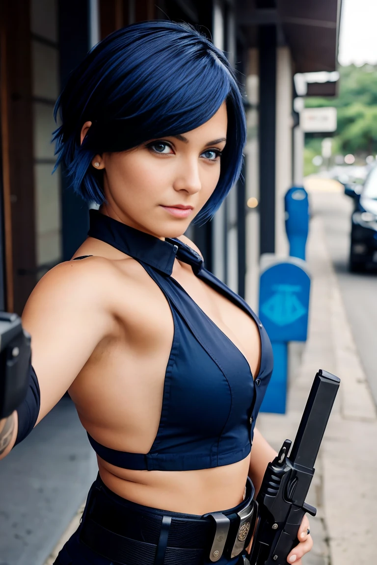 30 year old woman with short indigo hair dressed in a black police officer uniform wearing a pistol on her belt. Blue eyes with eye liner.