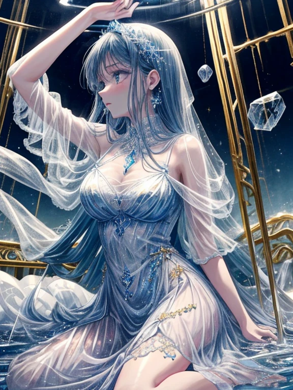 One girl, Solo, (((trapped in big krystal)))(trapped in krystal:1.7),((add eye details)), ((add face details)), krystal, Star, shine, beautiful night sky on background, Moon, Stars on background,Diamonds、たくさんのkrystalが付いたドレス, fantasy dress, A magical dress with a transparent chest, krystal製シースルー, lady with glowing flowers dress, intricate fantasy sheer dress, See-through rainbow color, translucent intricate gown, Translucent intricate costume design, translucent  dress, a stunning young ethereal figure, jeweled opal statue, fantasy transparent costume, Made of dried flowers、Glasswork、glass slipper with gold and white flowers, 気まぐれIntricate details, intricate and Elegant, beautiful detailed Elegant, Fairytale style, ultra Intricate details, Elegant. Highly detailed, complex and beautiful, golden Intricate details, Cinderella, side view Intricate details, Complex gold elements, Intricate details, Complex and detailed, super complex details、There is a sofa and table in a room with blue curtains, anime aesthetic, Anime Background, dreamy and detailed, anime beautiful peace scene, Anime Background art, beautiful anime scene, very magical and dreamy, blue and white tones, Relaxing environment, Ethereal dreamy theme, dreamy aesthetic, Anime that won the Aesthetic Award, relaxing concept art, blue themed, quiet and serene atmosphere、A charming, Sheer,The nipple is visible、large boob、sexy-S 100, seductive lingerie camisole、a close up of a woman's underwear with a Bra and panties, bright blue shiny lingerie, lingerie, lingeries beauty, Sheer underwear, laced lingerie, lingerie!!, Bra, wearing sexy lingerie, Bralette, captivating and enticing, harnesses and garters, lingeries, so sexy、Full-body image、The whole body is visible、frombelow、underfoot、Foot first、From head to toe、s ass、Toostock