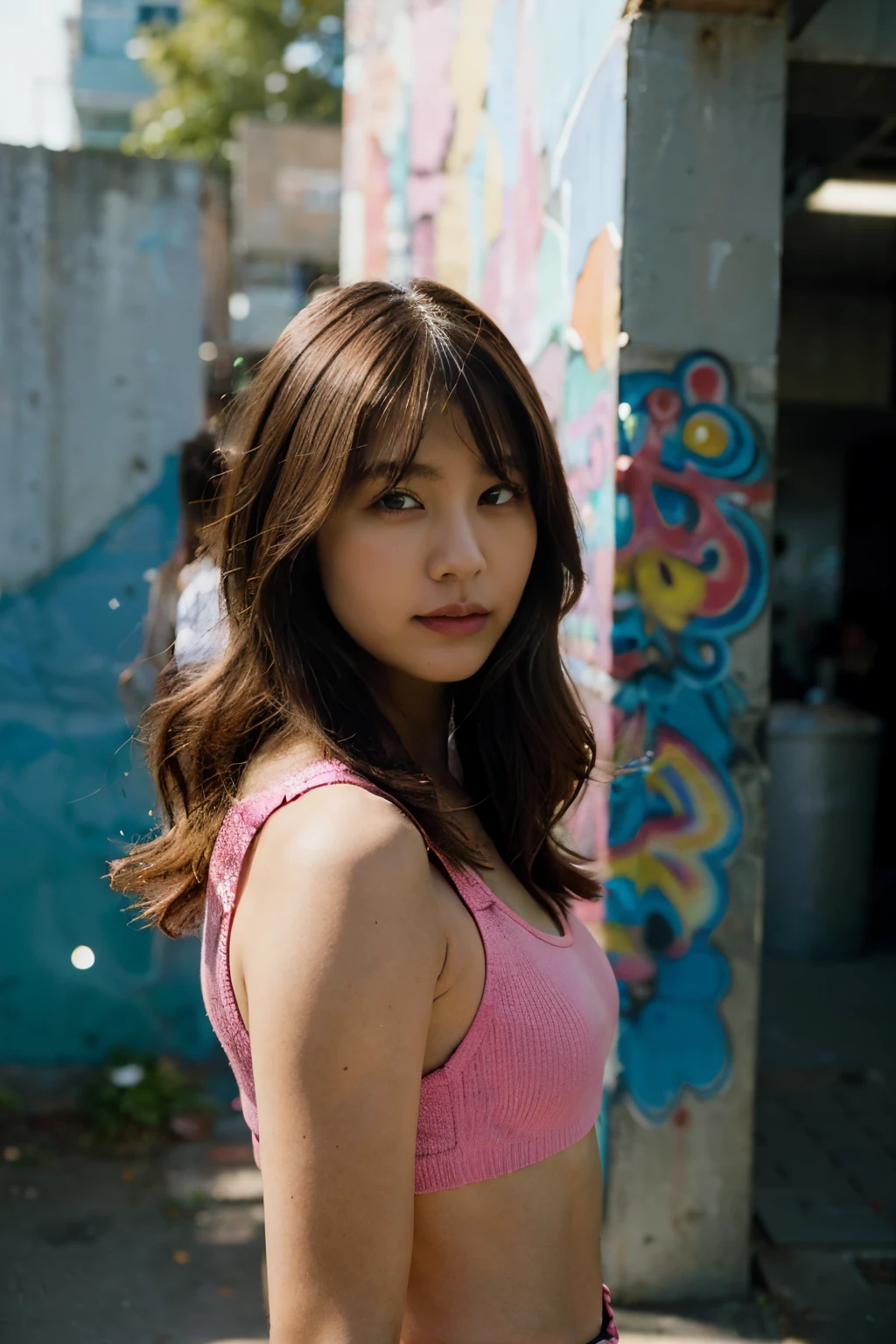 Dramatic pose with the half-body portrait brunette woman in a fierce fashion look, shot against a bold and artistic graffiti-covered wall, Her pink hair adds a pop of color to the serene setting. Shot on kodak gold 400.