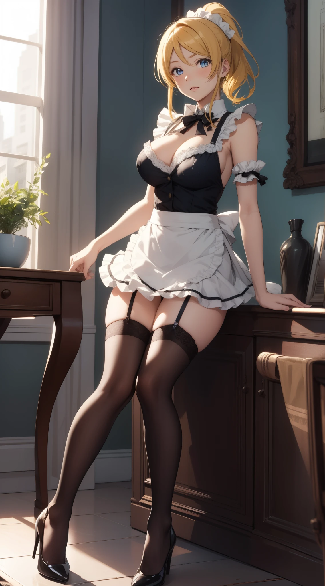 eliayase, eli ayase, yellow hair, blue eyes, ponytail, hair ribbon, masterpiece:, best quality, high resolution, unity 8k wallpaper, illustration, beautiful detailed eyes, glossy lips, lips parted, perfect lighting, extremely detailed CG, (perfect hands, perfect anatomy), maid, cleavage, short skirt, maid apron, thigh highs, high heels, city street