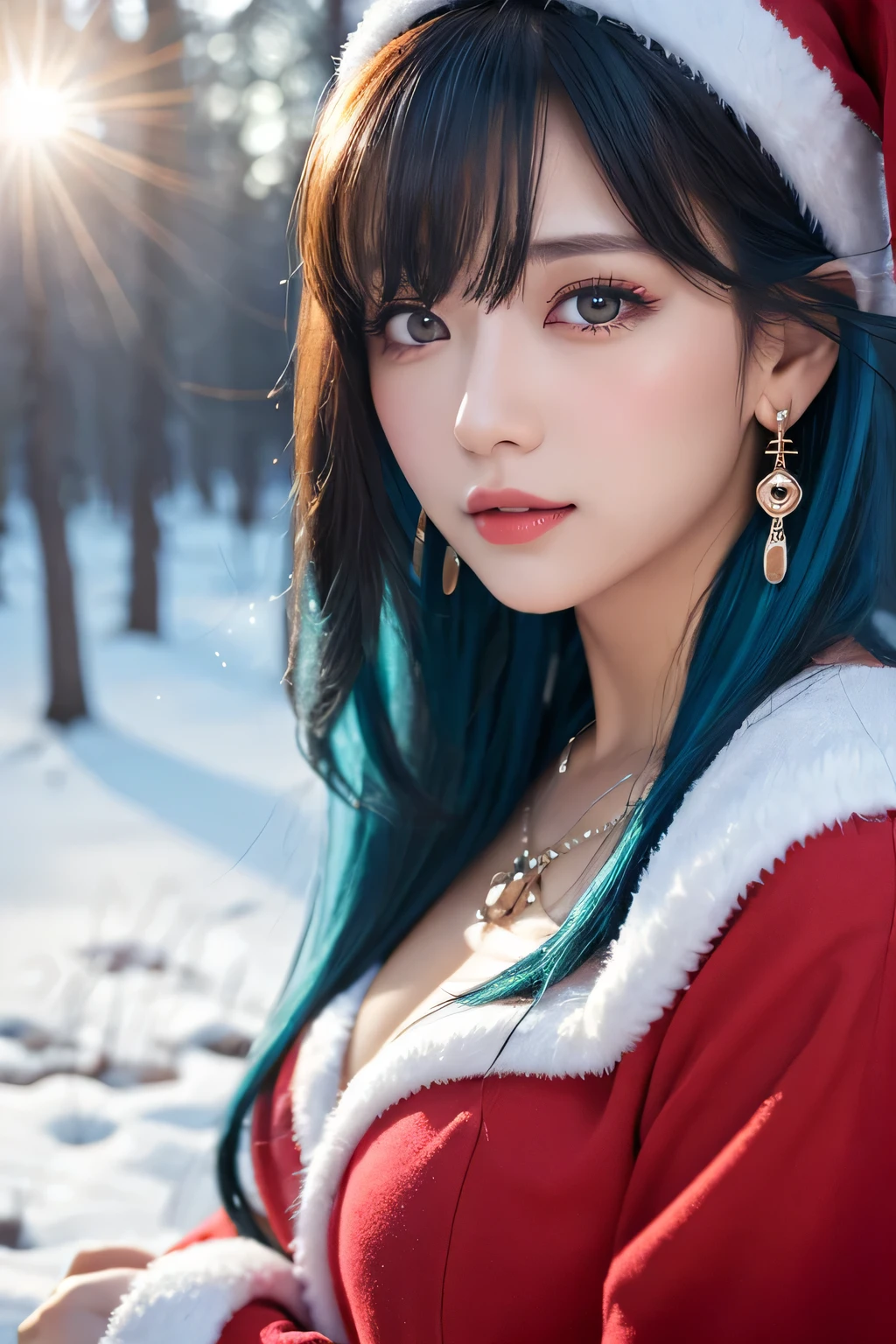 ((masutepiece)), ((Best Quality)), (Ultra-detailed), ((kawaii)), kawaii系, (lovely), ((Sexy)), (Ero), ((Extremely detailed)), 4K, (8K), Best Quality, (Beautiful), Illustration, Dynamic Angle, In the Middle, folding arms, castle, forest, evening, Winters, Pretty women, Solo, santa costume, Beautiful blue hair, Beautiful brown eyes, ((Beautiful eyes)), Long hair, lip, Hair ornaments, earrings, Necklace, blush, Lens Flare, snow effect, shiny