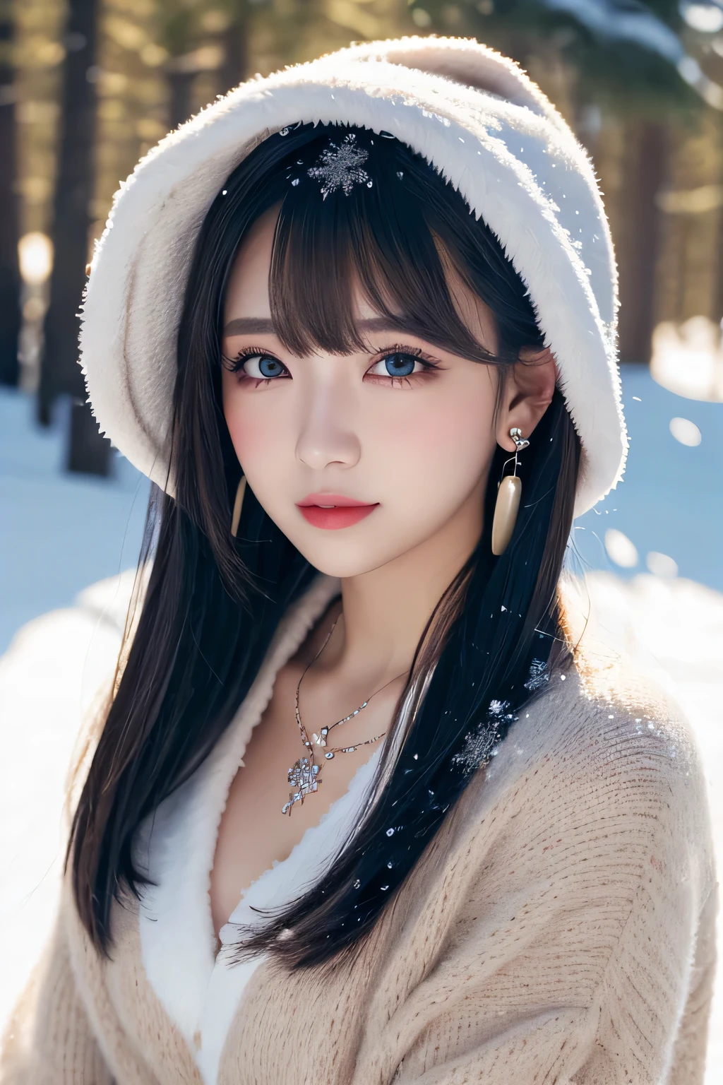 ((masutepiece)), ((Best Quality)), (Ultra-detailed), ((kawaii)), kawaii系, (lovely), ((Sexy)), (Ero), ((Extremely detailed)), 4K, (8K), Best Quality, (Beautiful), Illustration, Dynamic Angle, In the Middle, folding arms, castle, forest, evening, Winters, Pretty women, Solo, santa costume, Beautiful blue hair, Beautiful brown eyes, ((Beautiful eyes)), Long hair, lip, Hair ornaments, earrings, Necklace, blush, Lens Flare, snow effect, shiny