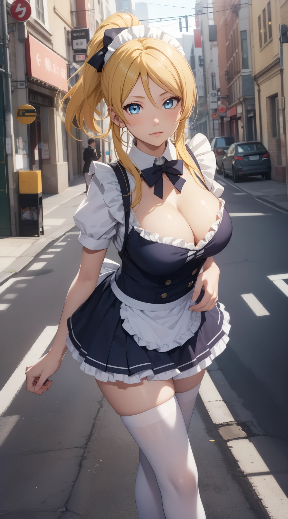 eliayase, eli ayase, yellow hair, blue eyes, ponytail, hair ribbon, masterpiece:, best quality, high resolution, unity 8k wallpaper, illustration, beautiful detailed eyes, glossy lips, lips parted, perfect lighting, extremely detailed CG, perfect anatomy, maid, cleavage, short skirt, maid apron, thigh highs, high heels, city street