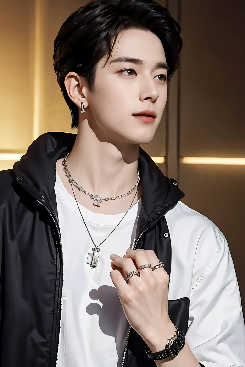 ((Best Quality, 8K, masterpiece: 1.3))、Cool Korean man, 120 year old man、Korean style long hair、Sturdy face、Handsome nose、Detailed eyes and face、Beautiful lighting、(studio)、High Resolution、 (visible to the audience)、mouth details、Thin Mouth、,Sorrisos、whole body: 1.5, perfect body figure: 1.picture of both shoulders:1.3, Wearing a White T-shirt and a casual Black coat:1.5, Accessories : (men's earrings, necklaces, men's rings, men's watches)