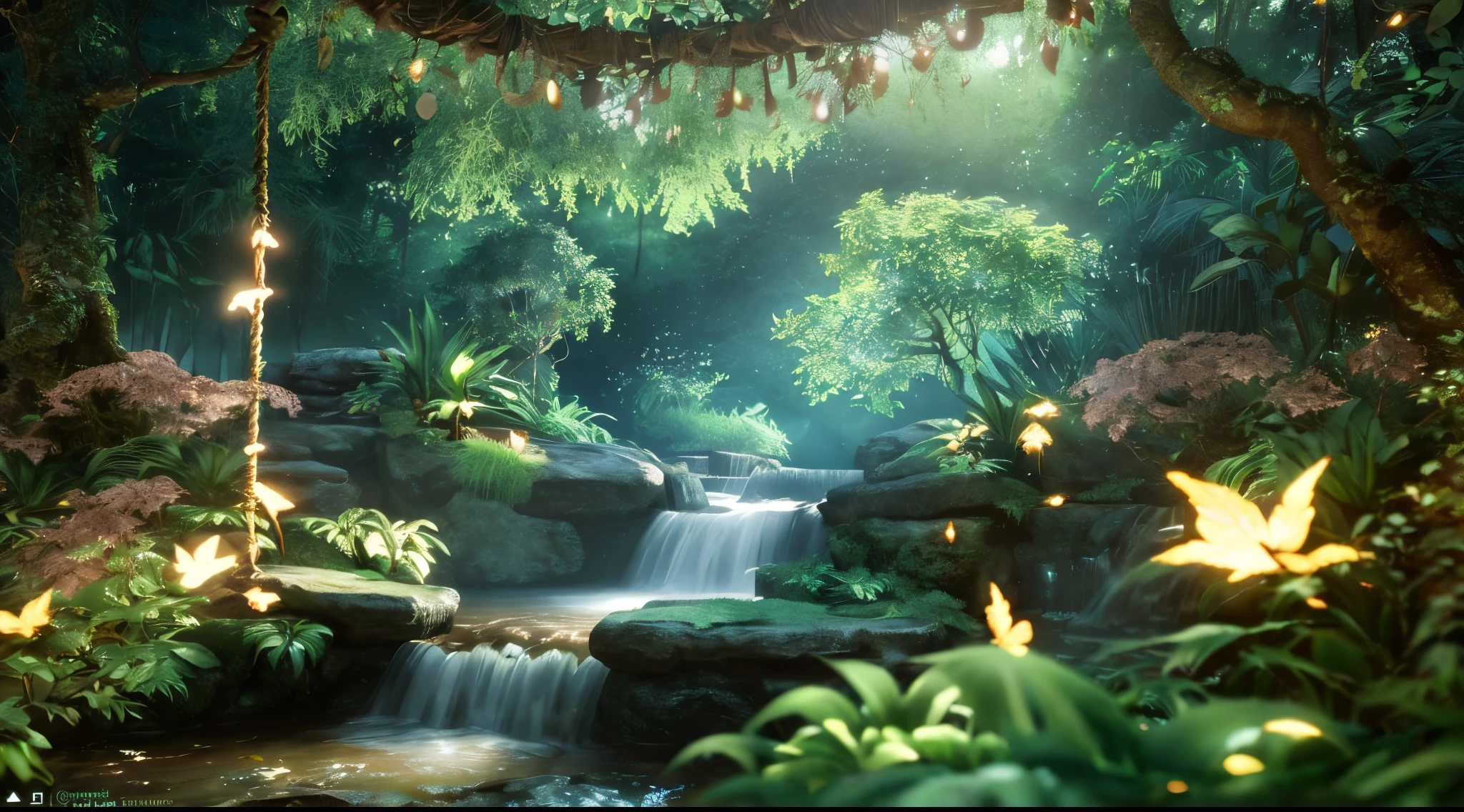 Masterpiece, best quality, (very detailed CG unity 8k wallpaper), (best quality), (best illustration), (best shadows), glow sprite, natural elements in the forest theme. Mysterious forest, breath taking pools, beautiful forest, nature, surrounded by flowers, very detail little fairy girl on a swing alone, smile, detail face, detail nose, detail eyes, detail ears, detail mouth, delicate leaves and branches surrounded by fireflies (natural elements), (jungle theme), (leaves), (twigireflies), (particle effects) etc. 3D , Octane rendering, ray tracing, super detailed