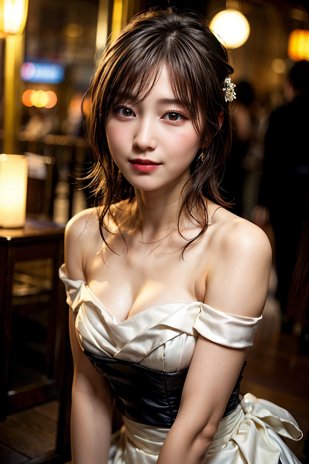 (Sweat:0.7),Light Yellow Wedding Dresses,White short skirt,Woman,Japanese,Exquisiteface, Beautiful face,Bare shoulders,Shoulders slightly exposed,Translucent skin,Black eyes,Black hair,(Photorealistic:1.4),Realistic details, High resolution,Bokeh,excellent details