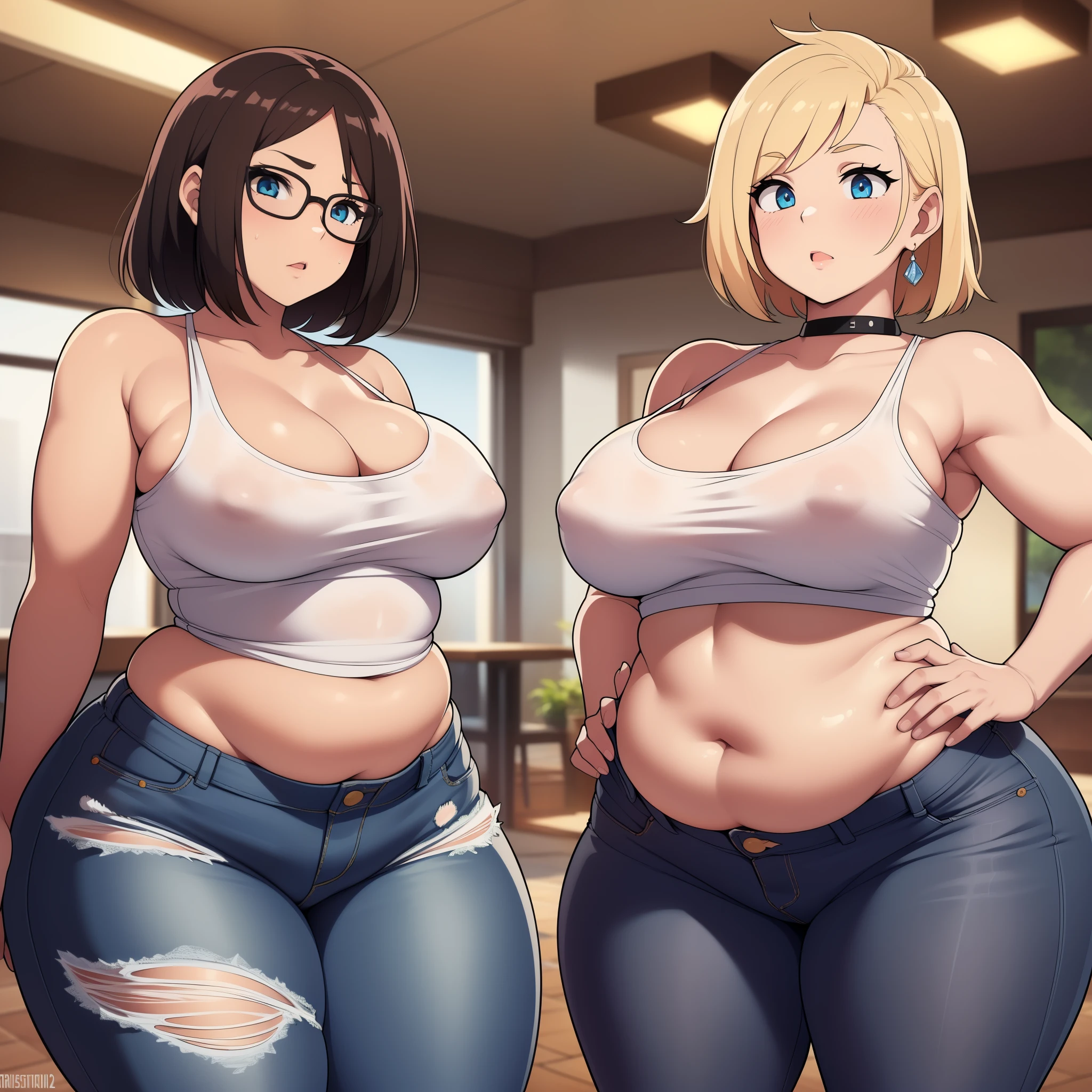 ((Masterpiece)), perfect anatomy, perfect shading, field of depth, (best quality), extremely delicate and beautiful, perfect lighting, detailed face, ultra cute face, cute, (cowboy shot 1.2), full body, (((2girls))), ((2 girls 1 and 2))
Girl 1: has long hair, fluffy hair, blonde hair, blue eyelush)), embarrassed (crop top 1.2), (jean shorts 1.2), extremely tight clothes, medium breasts, cleavage, perky breasts, ((wide hips)), (thick thighs), ((chubby)), pudgy belly, fat rolls, belly hang,
Girl 2: has short hair, fluffy hair, brown hair, green eyelush)), embarrassed, (white tank top 1.2), (jeans 1.2), chocker, extremely tight clothes, medium breasts, cleavage, perky breasts, (((wide hips))), ((thick thighig butt)), ((plump)), chubby belly, fat rolls, belly hang, she has a jiggly belly,
pub, at a party, intricate background, detailed background, girls are standing next to each other,