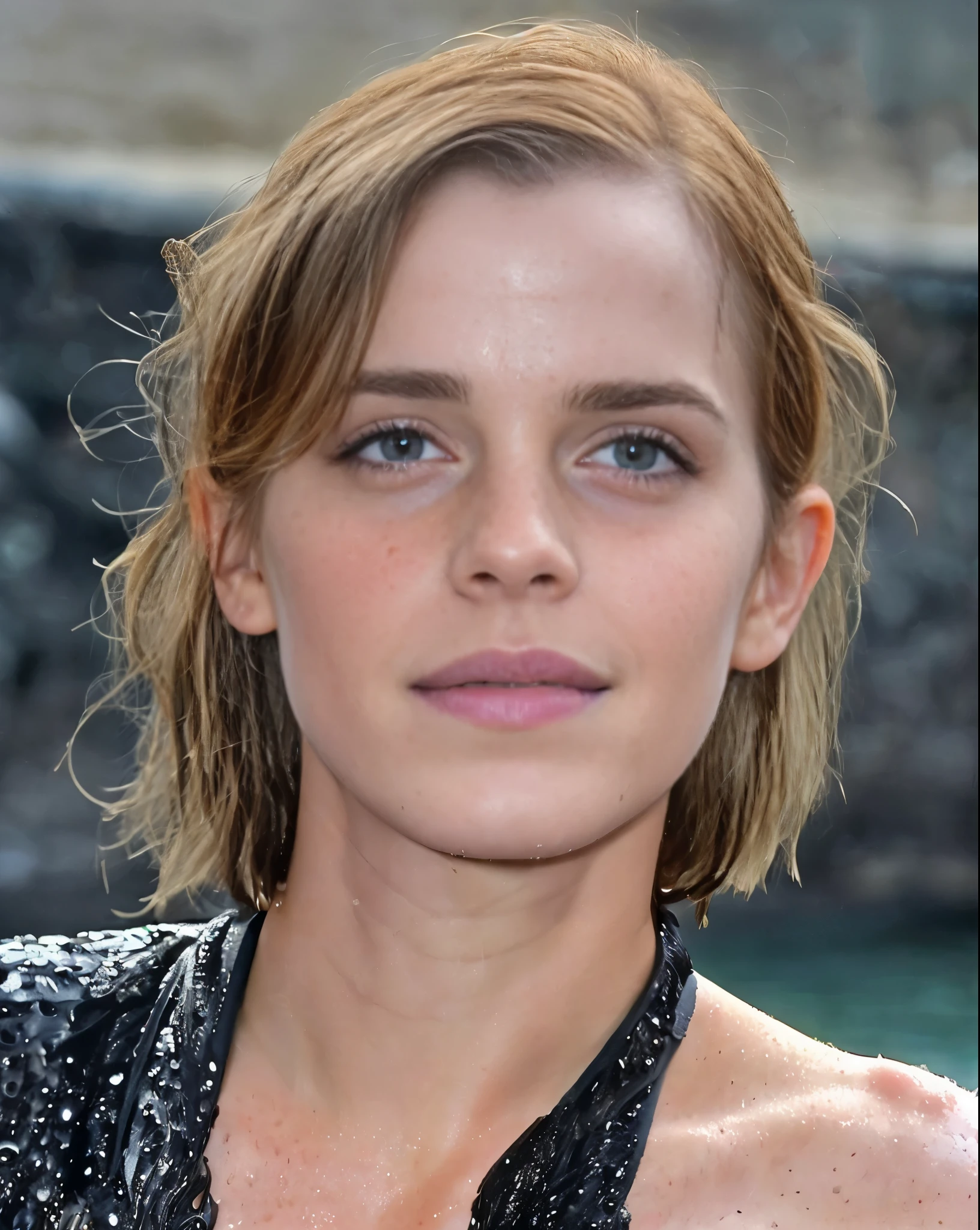 Photo of Emma Watson hot face, close up photo , wet hair , slight smile, freckles face (seductive  celebrity, gorgeous actress, sexy) (hyper photorealistic, insanely detailed skin texture,freckles)