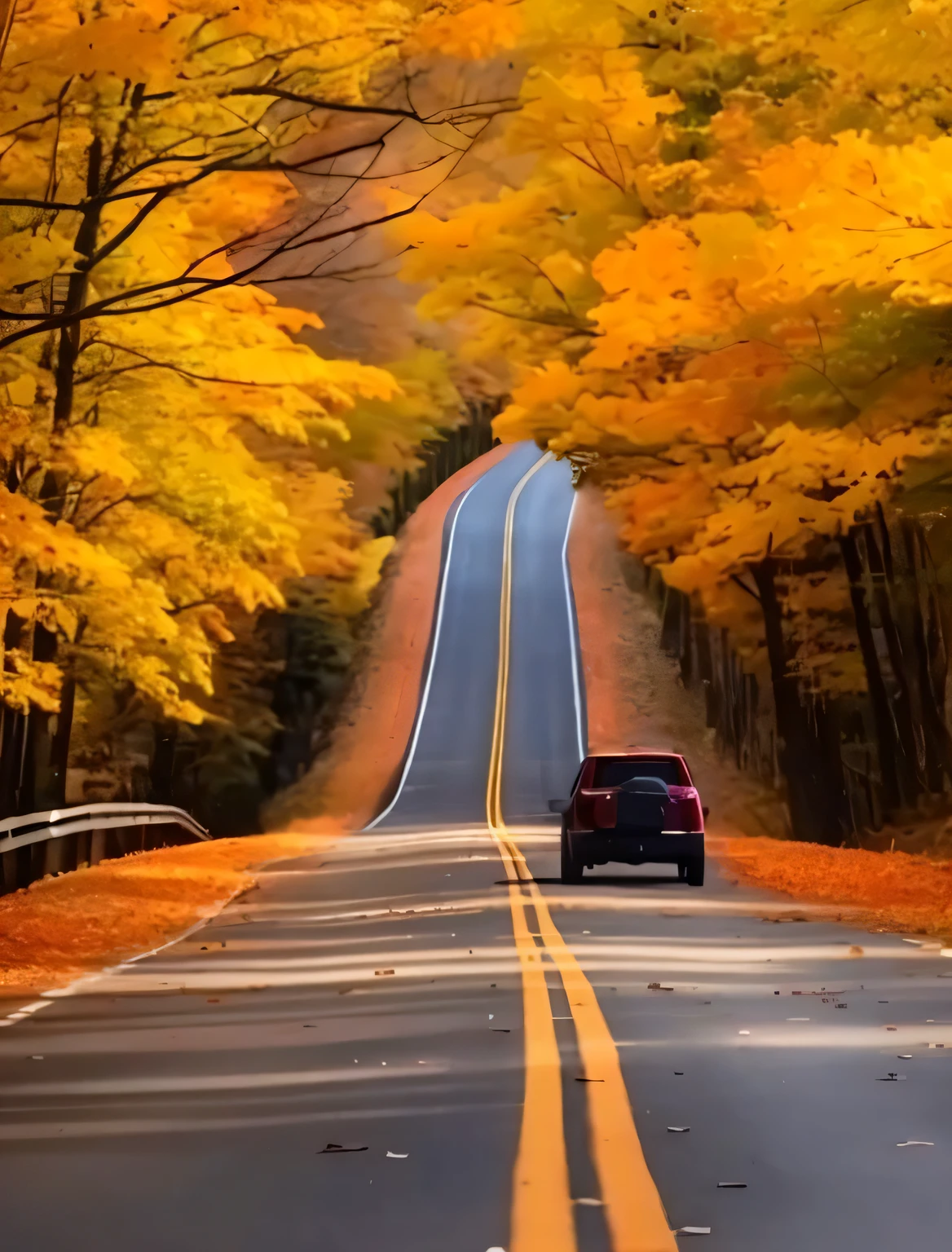 Scene of cars driving on the road in autumn, mountain path, Vermont fall colors, 4 0 9 6, road trip exciting, Golden autumn season, Colorful scenes, road trip, color highway, exact path, Autumn leaves, Scenery colorful environment, Golden autumn season, New Han music, car on highway, hyperrealistic fall, Country paths, rich picturesque colors,フォトリアリスティック,k hd,4K