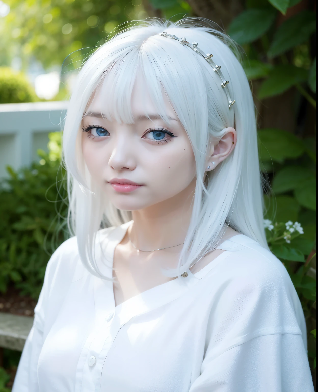一个戴着头带的blond hairbl女人的特写, Baiji haircut hairstyle, 长长的blond hairbl和刘海, Golden bangs, Girl with white hair, Has blonde hair, perfect white hair girl, blond hairbl俏脸, blonde hair color, Has gray hair, Girl with silver hair, Flowing white hair, blond hairbl, hair whitebangs hair