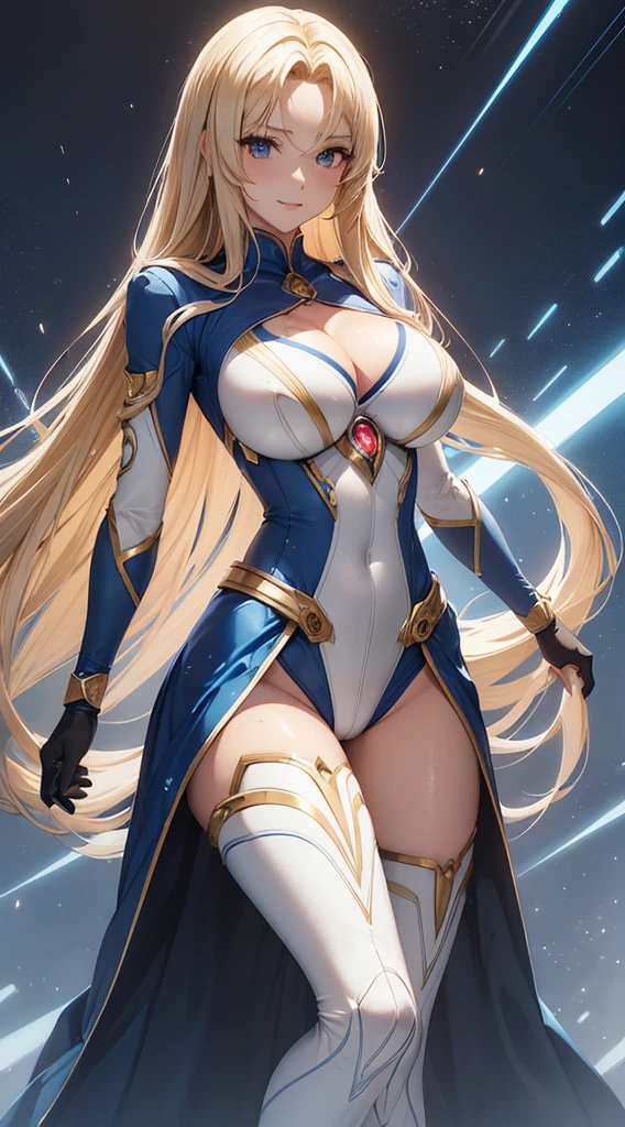 ((masutepiece)), ((ultra-quality)), ((Ultra-detailed)), ((High resolution)) , ,((in 8K)),Beautuful Women, ((she is the most famous beauty in the world.)), Unparalleled beauty, ((large full breasts:1.4)), ((big butts)), ((Deep cleavage)), Slim waist, Chest out, Ultra-detailed顔, Perfect Skin, (((waist-length hair, ((long straight golden hair)), Detailed eyes, Whole body image, Sexy, An inviting smile, , (((Anime))), ((Glamorous)), Sexual attraction ,23 years old, ((信じられないほどBeautuful Women)), ((H Cup Bust)),((((sexypose)))), ((Neat and clean.)) , (((power ranger))), heroine, (((High Leg Riotard Power Suit, Blue power suit with white lines, Reinforced powered suit))), ((Beautiful breasts and legs, 8 life-size, Anime:1.4, Wet, mankind'the strongest, ((charm)), ((Gravure Pose)),((British Beauty)),