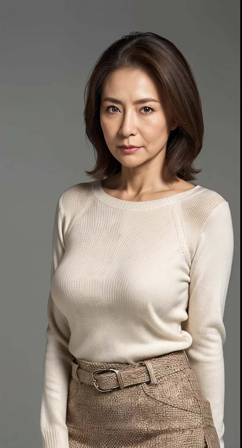 hight resolution, high-level image quality, high detailing, ​masterpiece, Textured skin, tre anatomically correct, sharp, greybackground((japanese mature, 70yo)), 独奏, ((Wrinkles on the face)), large breasts with good shape, Light brown straight hair that reaches to the shoulders, chubby figure (((Stand upright facing the center of the screen))), Close your mouth and look straight ahead with a serious face, Sweaters, skirt by the, ((cowboy  shot)),