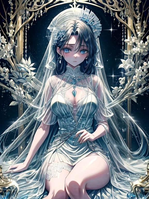 One girl, Solo, (((trapped in big krystal)))(trapped in krystal:1.7),((add eye details)), ((add face details)), krystal, Star, shine, beautiful night sky on background, Moon, Stars on background,Diamonds、たくさんのkrystalが付いたドレス, fantasy dress, A magical dress with a transparent chest, krystal製シースルー, lady with glowing flowers dress, intricate fantasy sheer dress, See-through rainbow color, translucent intricate gown, Translucent intricate costume design, translucent dress, a stunning young ethereal figure, jeweled opal statue, fantasy transparent costume, Made of dried flowers、Glasswork、glass slipper with gold and white flowers, 気まぐれIntricate details, intricate and Elegant, beautiful detailed Elegant, Fairytale style, ultra Intricate details, Elegant. Highly detailed, complex and beautiful, golden Intricate details, Cinderella, side view Intricate details, Complex gold elements, Intricate details, Complex and detailed, super complex details、There is a sofa and table in a room with blue curtains, anime aesthetic, Anime Background, dreamy and detailed, anime beautiful peace scene, Anime Background art, beautiful anime scene, very magical and dreamy, blue and white tones, Relaxing environment, Ethereal dreamy theme, dreamy aesthetic, Anime that won the Aesthetic Award, relaxing concept art, blue themed, quiet and serene atmosphere、A charming, Sheer,The nipple is visible、large boob、sexy-S 100, seductive lingerie camisole、a close up of a woman's underwear with a Bra and panties, bright blue shiny lingerie, lingerie, lingeries beauty, Sheer underwear, laced lingerie, lingerie!!, Bra, wearing sexy lingerie, Bralette, captivating and enticing, harnesses and garters, lingeries, so sexy、Full-body image、The whole body is visible、frombelow、underfoot、Foot first、From head to toe、s ass、Toostock