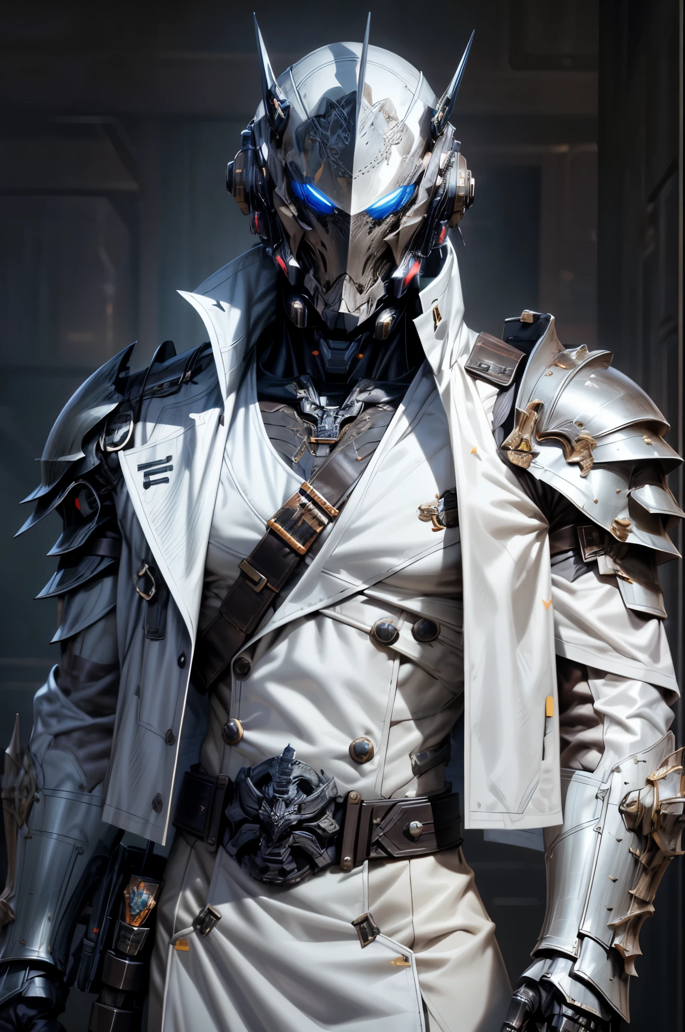 (((An epic and visually stunning digital anime masterpiece featuring a sylphlike masculine ((male:1.5)) decorated military dieselpunk cyborg soldier clad in a sleek yet tactical armored yet decorated leather military trench coat:1.2))), (((flat masculine male chest:1.5, full head covered by a mechanical mecha knight helmet with a narrow visor:1.5))), (((the character adorned in a (scifi tactical armored open front trench coat with a built in exoskeleton) (over a form fitted armor plated yet super sleek and revealing under suit with waist cut outs), the armor plating on the upper arms and shoulders beautifully engraved))):1.4. The image showcases the intricacies of the character’s armor and clothing:1.5, ((capturing their flamboyant essence and heavy mecha aesthetic:1.2)). The character also possesses an androgynous charm, (((with slim yet heavily muscled physique:1.2, sylphlike with a sleek waist, toned yet beautifully sleek cybernetic arms:1.3, mechanical arms and legs:1.3, mecha muscles:1.3))), looking at viewer, (((brass metal armor and brown leather, dieselpunk:1.3))), (((depth of field, cinematic lighting, chromatic aberration, ray tracing, UHD, masterpiece, top of head covered, super detail, high details, high quality, award winning, 8k, highres)))