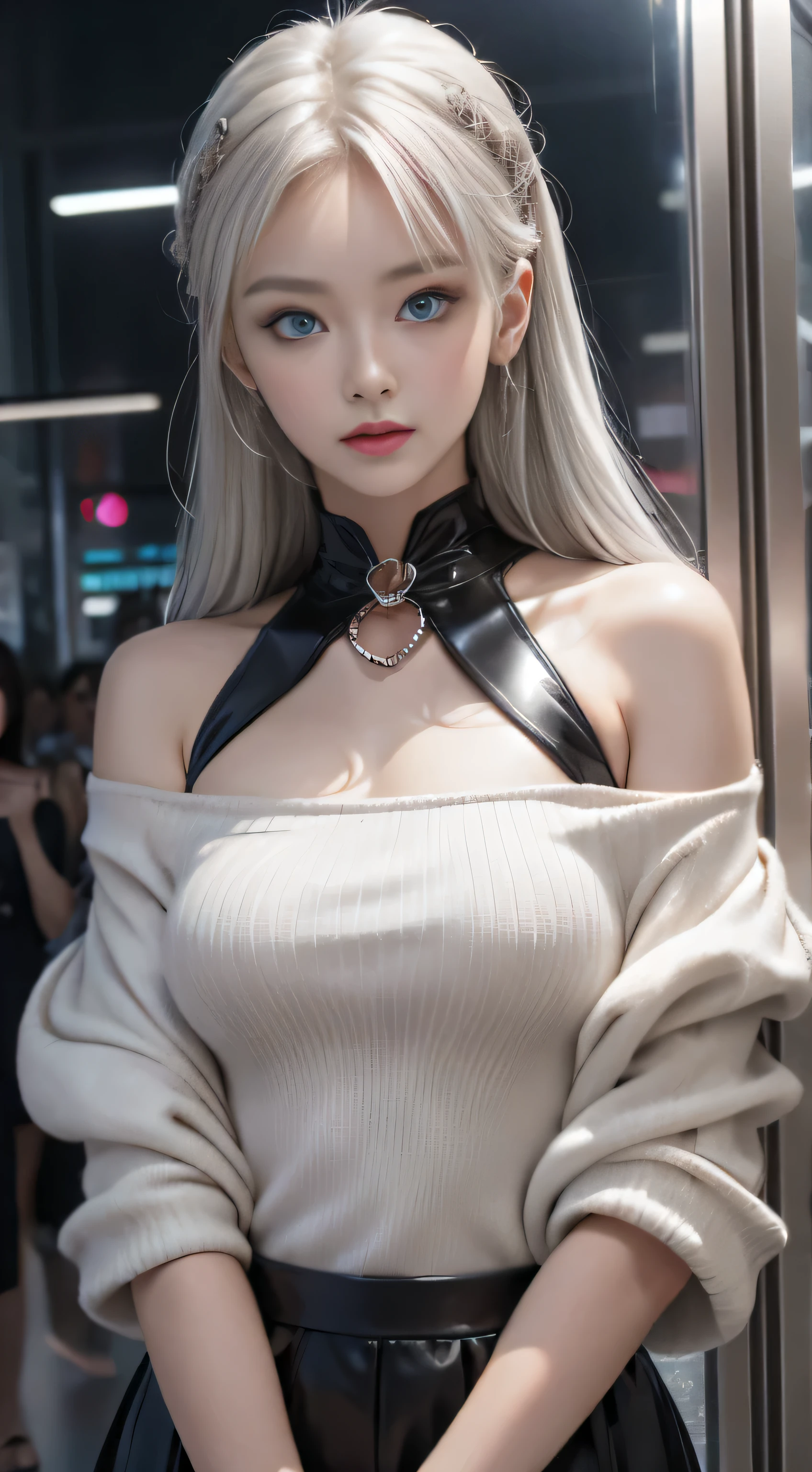 double whirlwind pattern design garment,Iris heterochromatic pupil,silver-haired girl,free high resolution,off shoulders、
