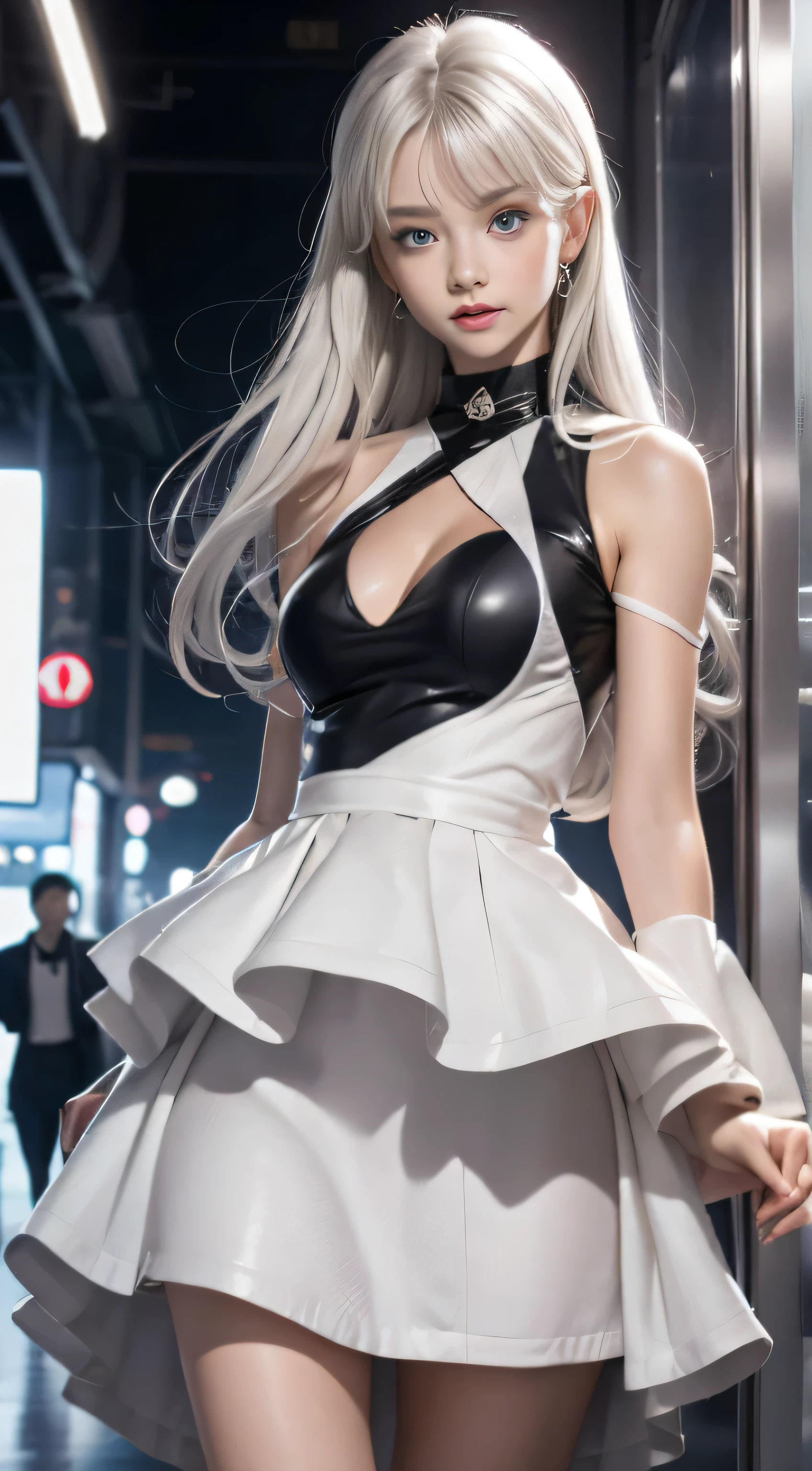 double whirlwind pattern design garment，Iris heterochromatic pupil，silver-haired girl，free high resolution,off shoulders、