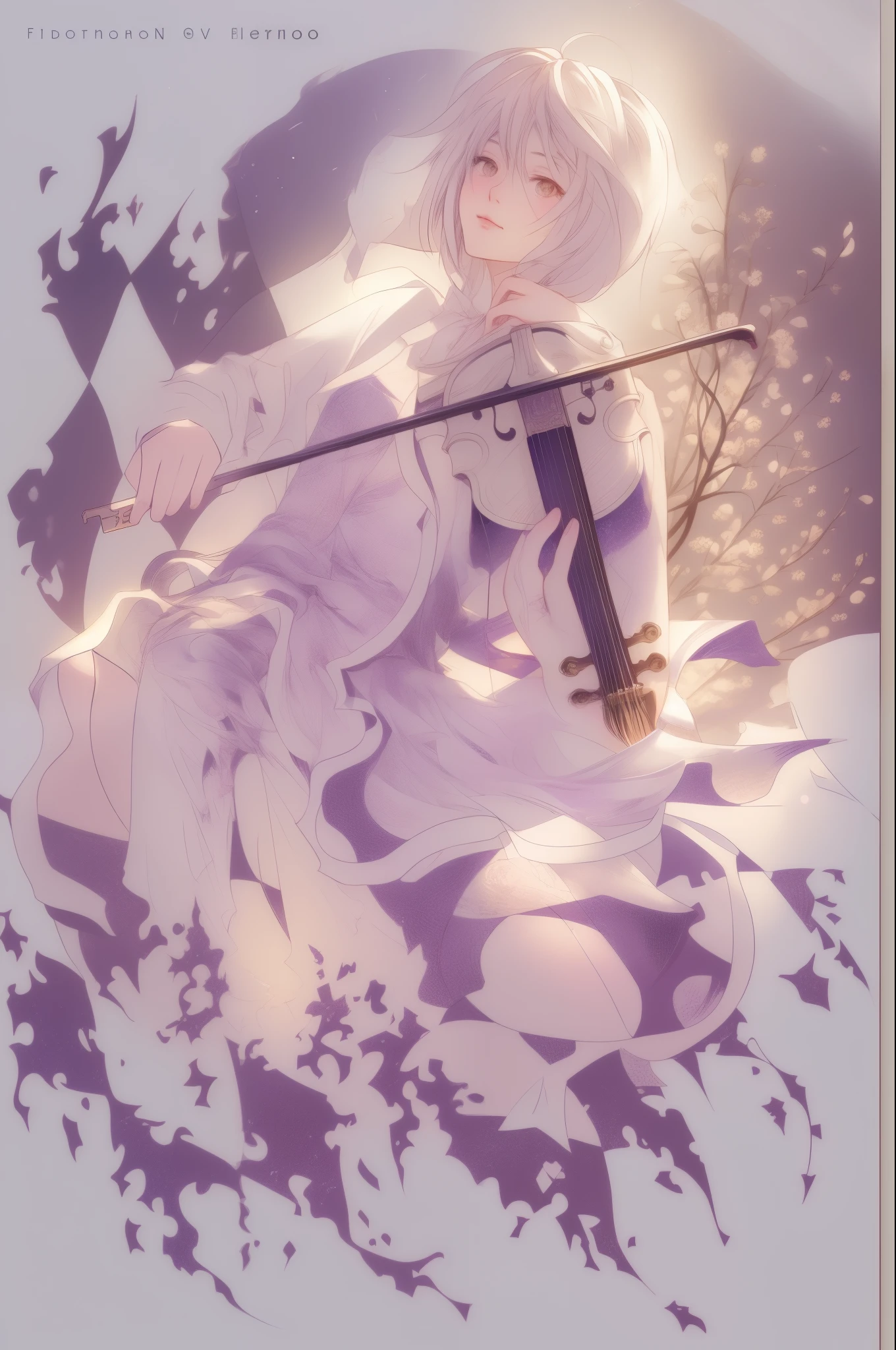a picture of a girl with a violin in her hand, (fantasy violin), taran fiddler, key anime art, violet evergarden, detailed key anime art, fantasy violin, shigenori soejima illustration, ryuta ueda artwork, official art, official anime artwork, art style of rune factory 5, inspired by Yamagata Hiro, anime art nouveau, detailed matte fantasy fullbody, beautiful line art, great digital art with details, goddess. extremely high detail, 4k detailed digital art, stunning digital illustration, digital fantasy illustration,((Best quality)), ((masterpiece)), (detailed:1.4), 3D,HDR (High Dynamic Range),Ray Tracing,NVIDIA RTX,Super-Resolution,Unreal 5,Subsurface scattering,PBR Texturing,Post-processing,Anisotropic Filtering,Depth-of-field,Maximum clarity and sharpness,Multi-layered textures,Albedo and Specular maps,Surface shading,Accurate simulation of light-material interaction,Perfect proportions,Octane Render, Two-tone lighting,Wide aperture,Low ISO,White balance,Rule of thirds,