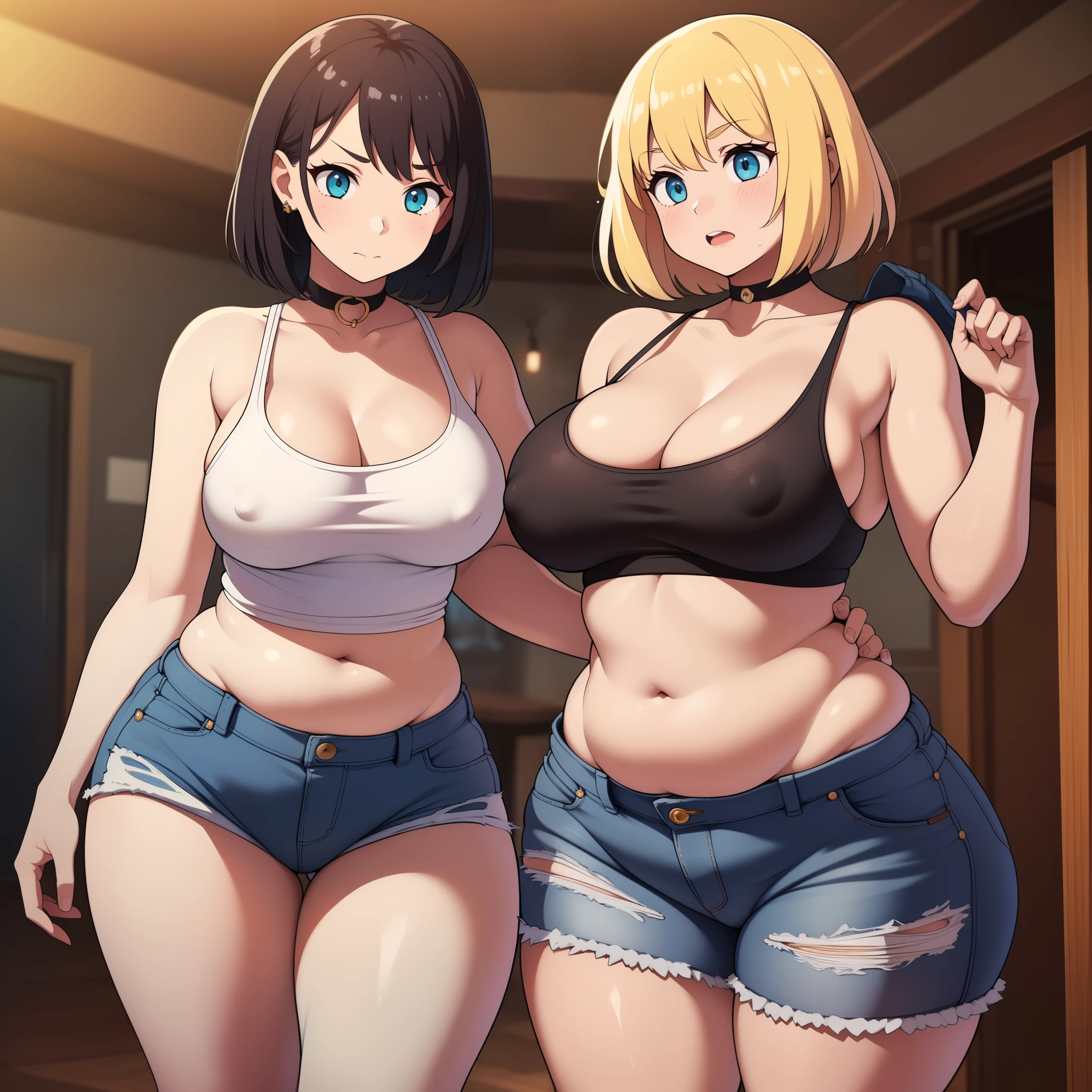 ((Masterpiece)), perfect anatomy, perfect shading, field of depth, (best quality), extremely delicate and beautiful, perfect lighting, detailed face, ultra cute face, cute, (cowboy shot 1.2), full body, (((2girls))), ((2 girls 1 and 2))

Girl 1: has long hair, fluffy hair, blonde hair, blue eyelush)), embarrassed (crop top 1.2), (jean shorts 1.2), extremely tight clothes, medium , cleavag breasts, ((wide, (thick thighs), ((chubby)), pudgy belly, fat rolls, belly hang,

Girl 2: has short hair, fluffy hair, brown hair, green eyelush)), embarrassed, (white tank top 1.2), (jeans 1.2), chocker, extremely tight clothes, medium breasts, cleavage, persts, (((w))), ((thick thitt)), ((plump)), chubby belly, fat rolls, y hang, she has a jiggly belly,

pub, at a party, intricate background, detailed backgroundls are standing next to each other,