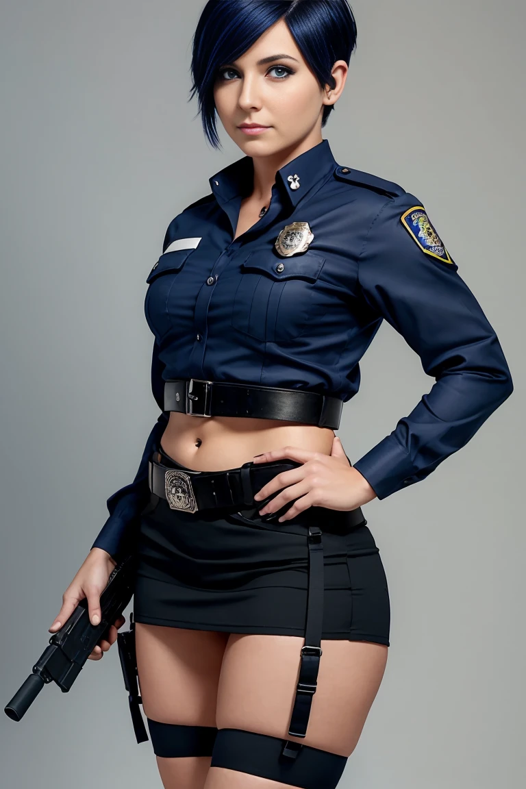 30 year old woman with short indigo hair dressed in a skimpy black police officer uniform with skirt, wearing a pistol on her belt. Blue eyes with eye liner. Neutral background