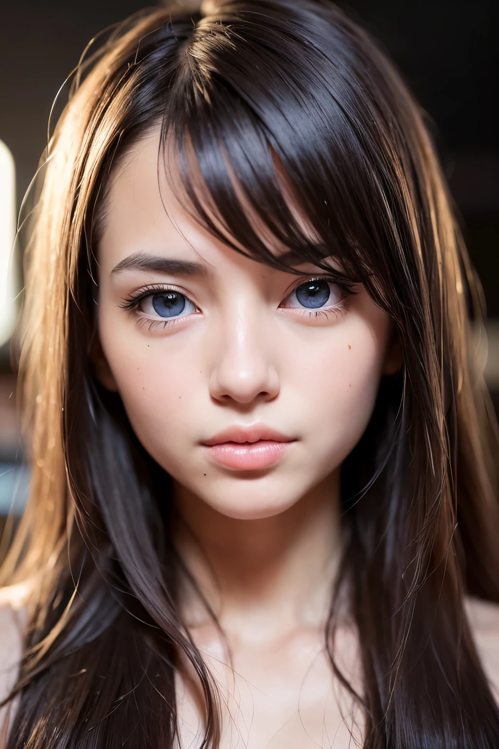 (realistic, photo-realistic:1.37),(8k, RAW photo, best quality, masterpiece:1.2), cute, ultra-detailed,heart-shaped pupils,physically-based rendering, ultra high res, kodakvision color, shot on Arricam LT Camera, bokeh, sharp focus,
looking at viewer,photorealistic,realistic, solo, photorealistic, best quality,extremely detailed face,extremely detailed eyes and face, beautiful detailed eyes,absurdres, incredibly absurdres,Messy hair, floating hair, dark background, ((dark studio, rim lighting, two tone lighting, dimly lit, low key)),