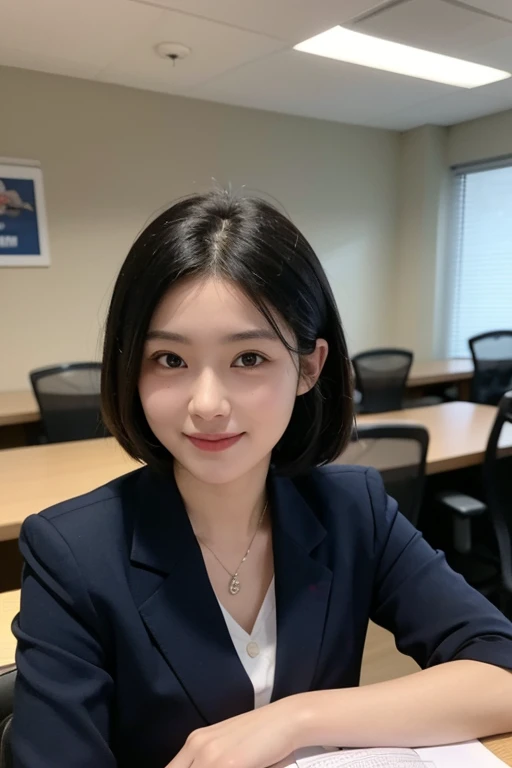 Girl with black hair,ssmile,Very beautiful face,Wear a professional suit,volumettic light,Snapshots of the workplace